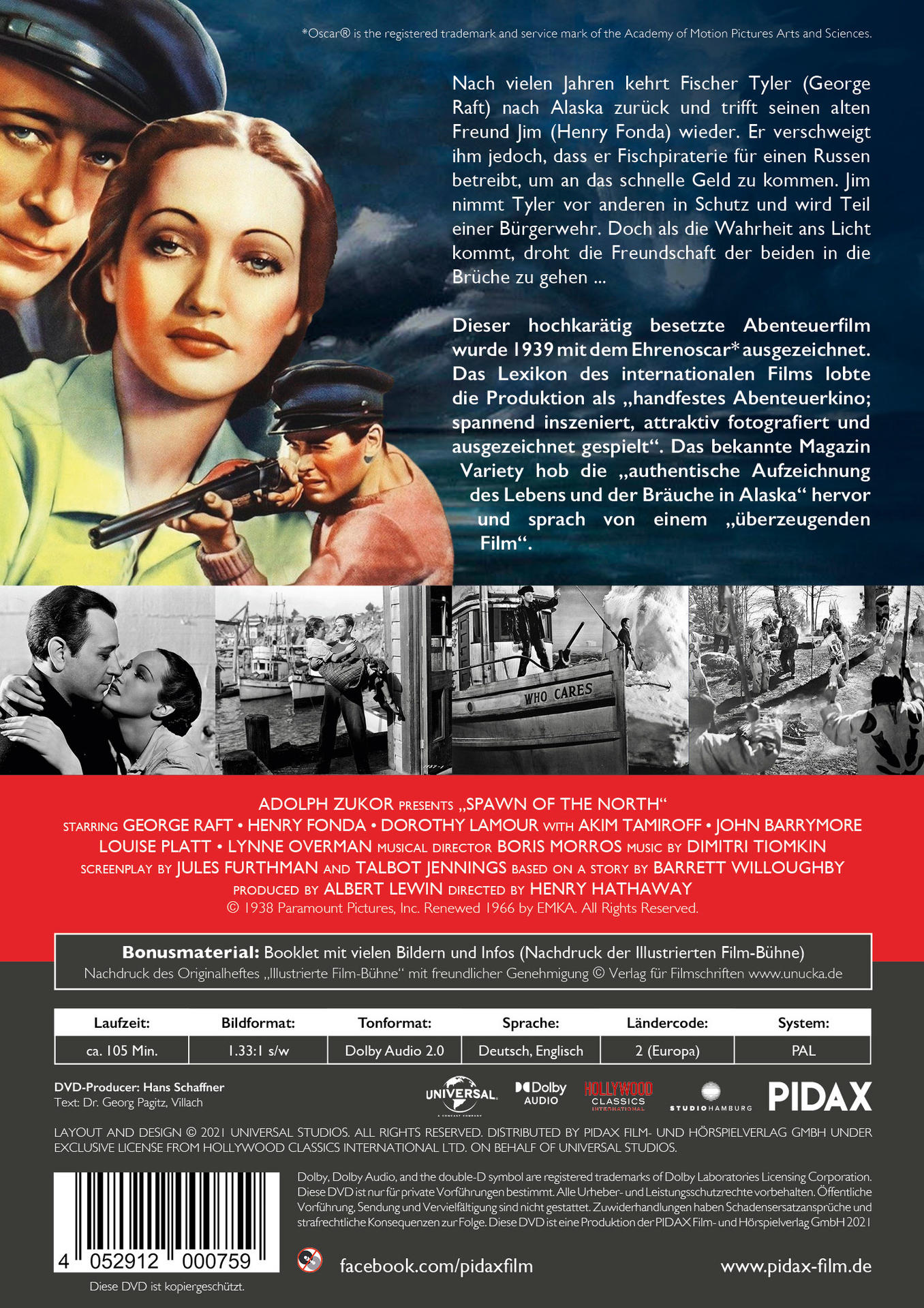 Rückseite einer DVD mit Text und Bildern aus einem alten Film. Es hat Titel- und Schauspielerinfos.