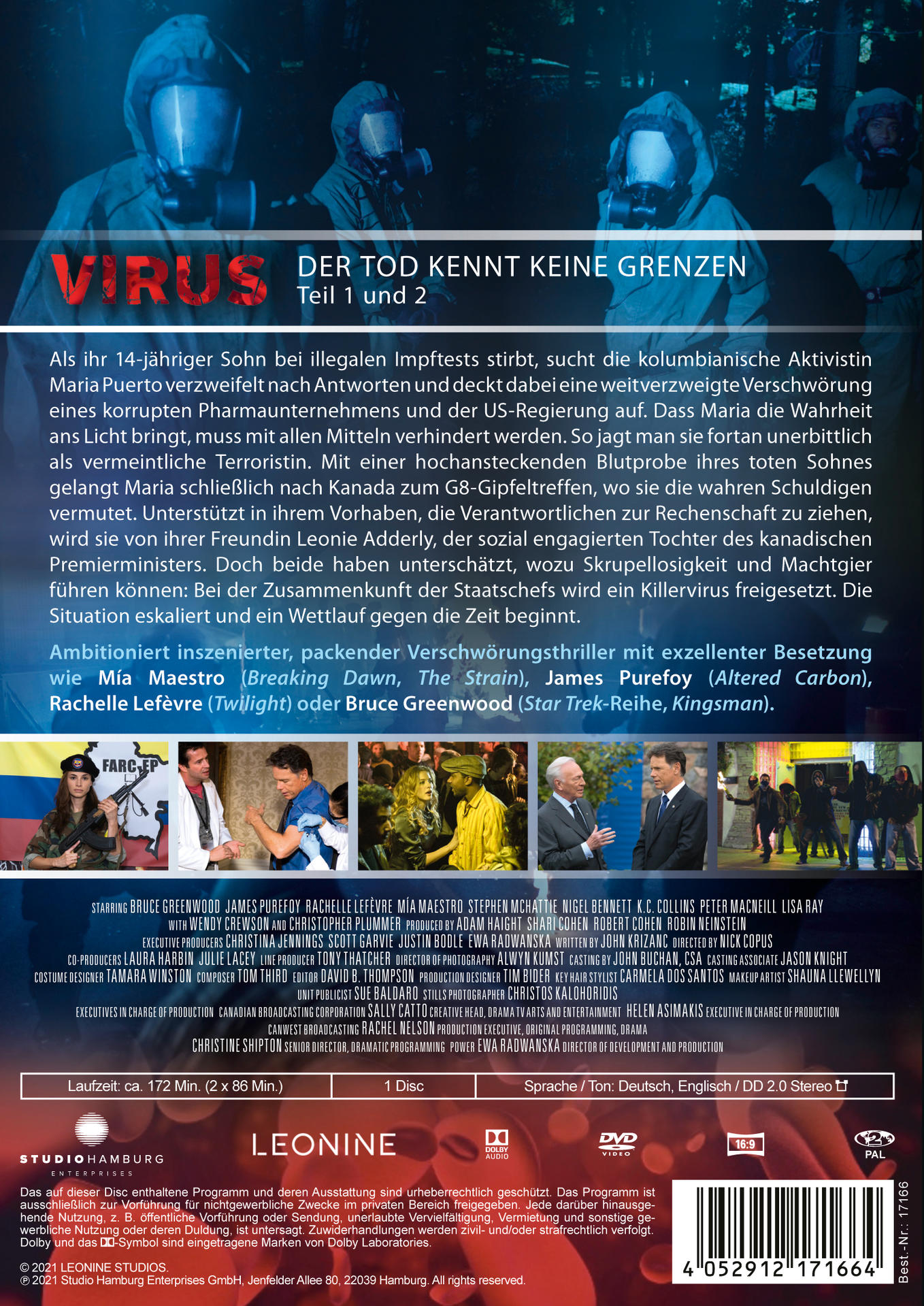 DVD-Hülle des Films 'Virus'. Text auf Deutsch. Zeigt Szenen eines Films mit Schauspielern.