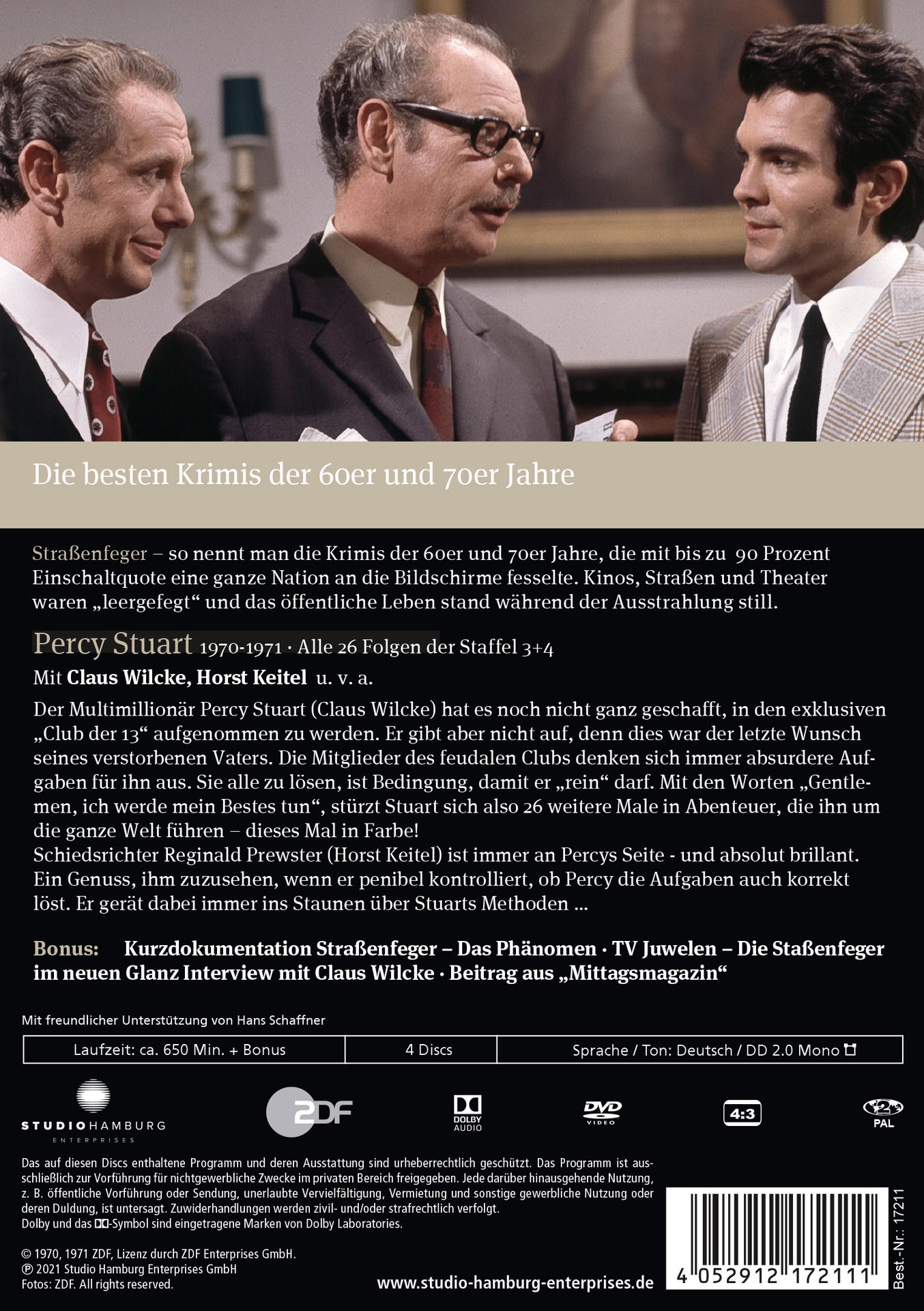 DVD-Cover für 'Die besten Krimis der 60er und 70er Jahre'. Zeigt drei Männer, Text und Logos.