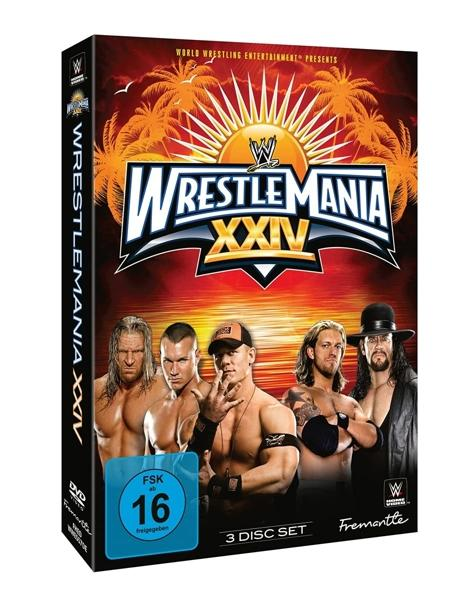 WrestleMania XXIV DVD-Cover. Wrestler, Palmen und eine Sonne im Hintergrund.