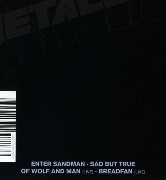 Ein schwarzes Albumcover mit dem Text 'ENTER SANDMAN', 'SAD BUT TRUE' und anderen Titeln.