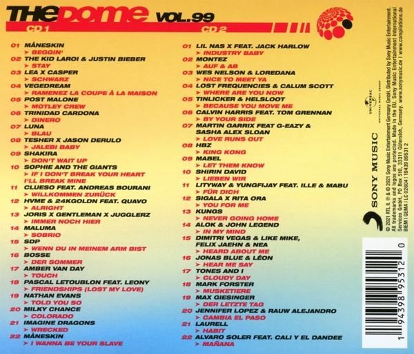 CD-Cover von 'The Dome Vol. 99' mit Titelliste und dem Sony Music Logo.