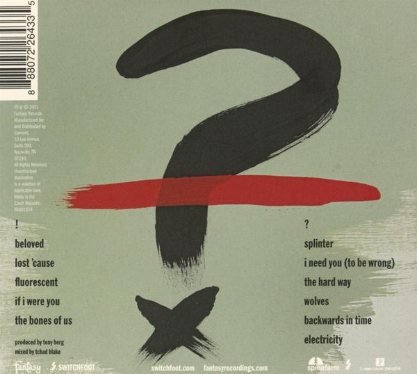 Rückseite des Albumcovers mit Fragezeichen, Text und Kreuz.