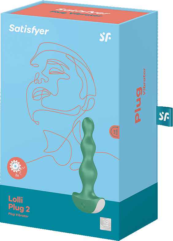 Vibratore verde su confezione blu con grafica del viso.