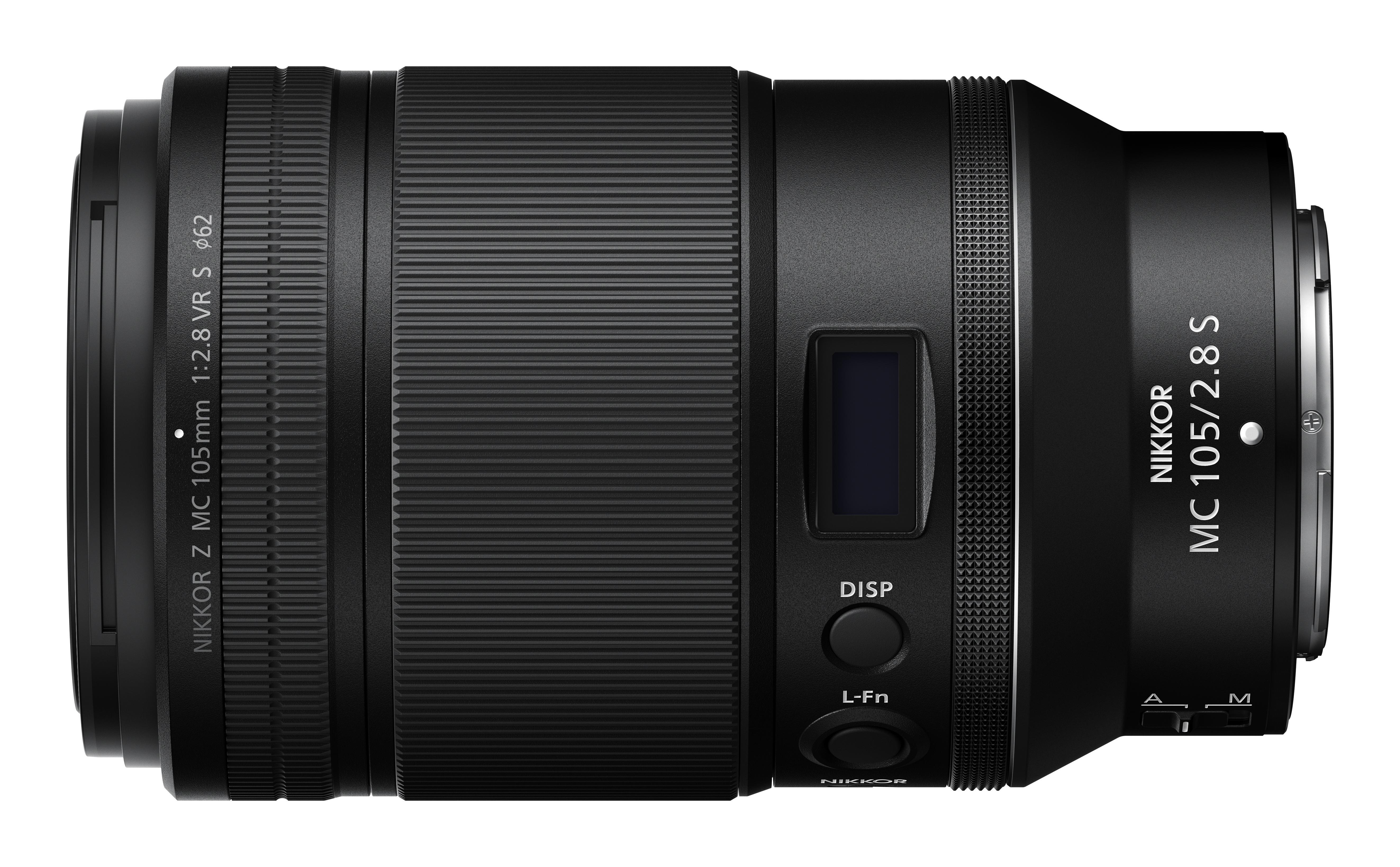 Schwarzes Kameraobjektiv mit 'NIKKOR MC 105mm 2.8 S' und Bedienelementen.