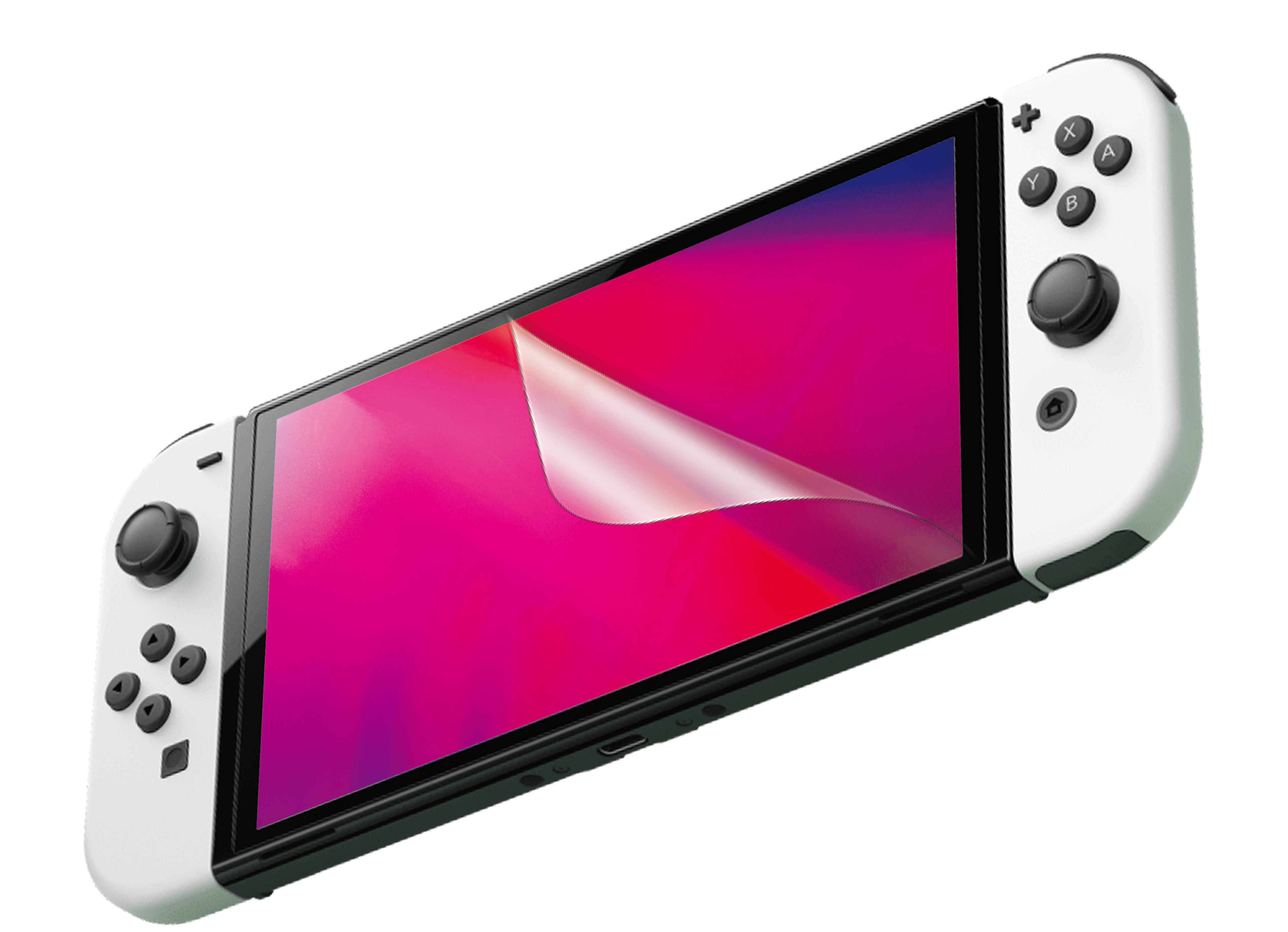 Weißes und rotes Nintendo Switch OLED-Modell, schräge Ansicht, mit sich ablösender Displayschutzfolie.
