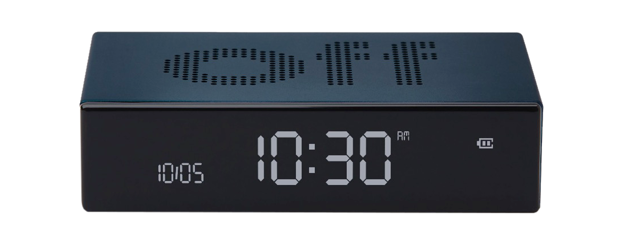 Digitaler Wecker mit 10:30 Uhr. Schwarz mit weißen Ziffern. Batterieanzeige ist vorhanden.