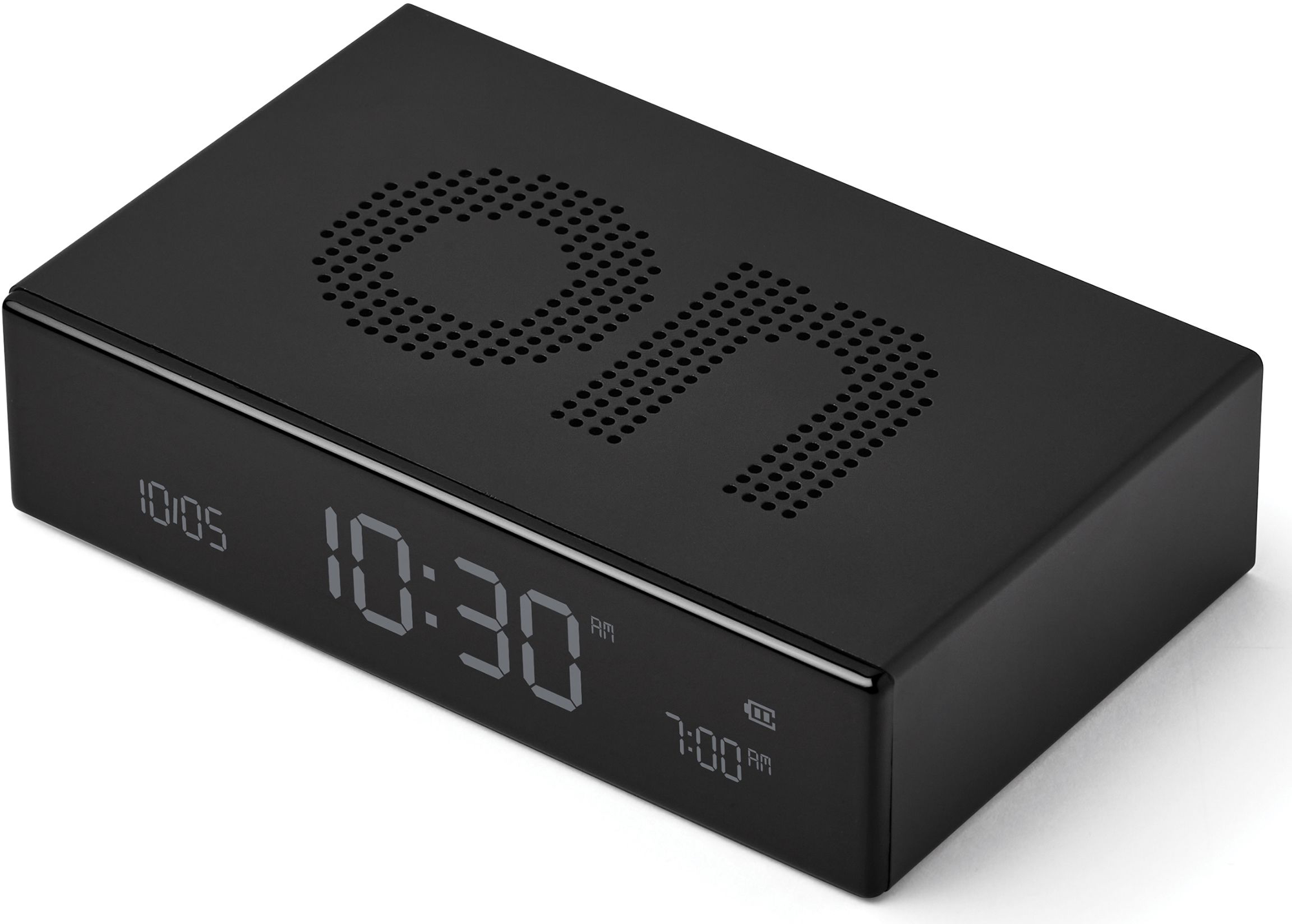 Sveglia digitale nera che mostra le 10:30 AM, con il logo 'ON' in alto.