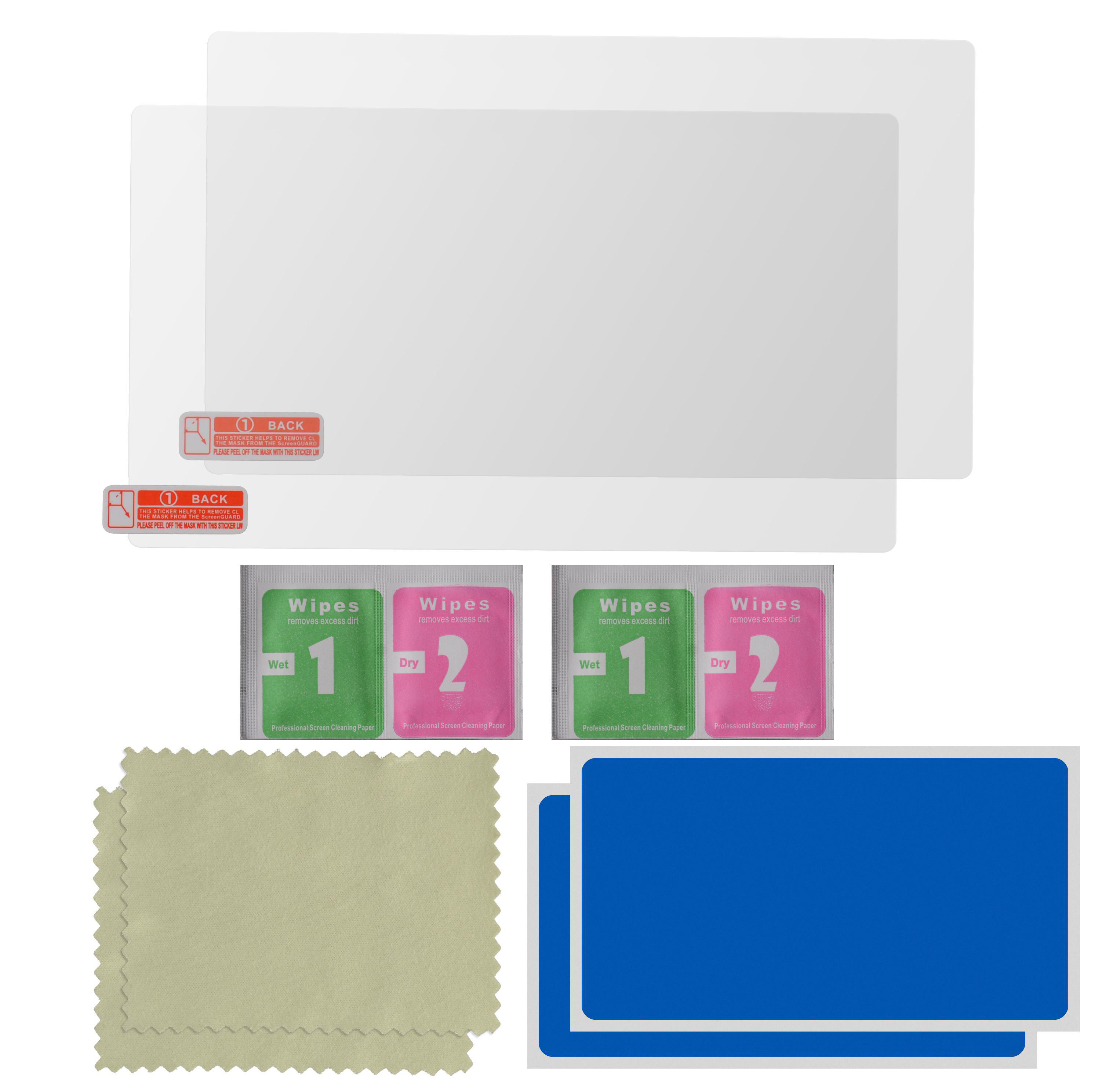 Zwei Displayschutzfolien, Tücher und Reinigungstuch. Blaue Aufkleber. Weißer Hintergrund.