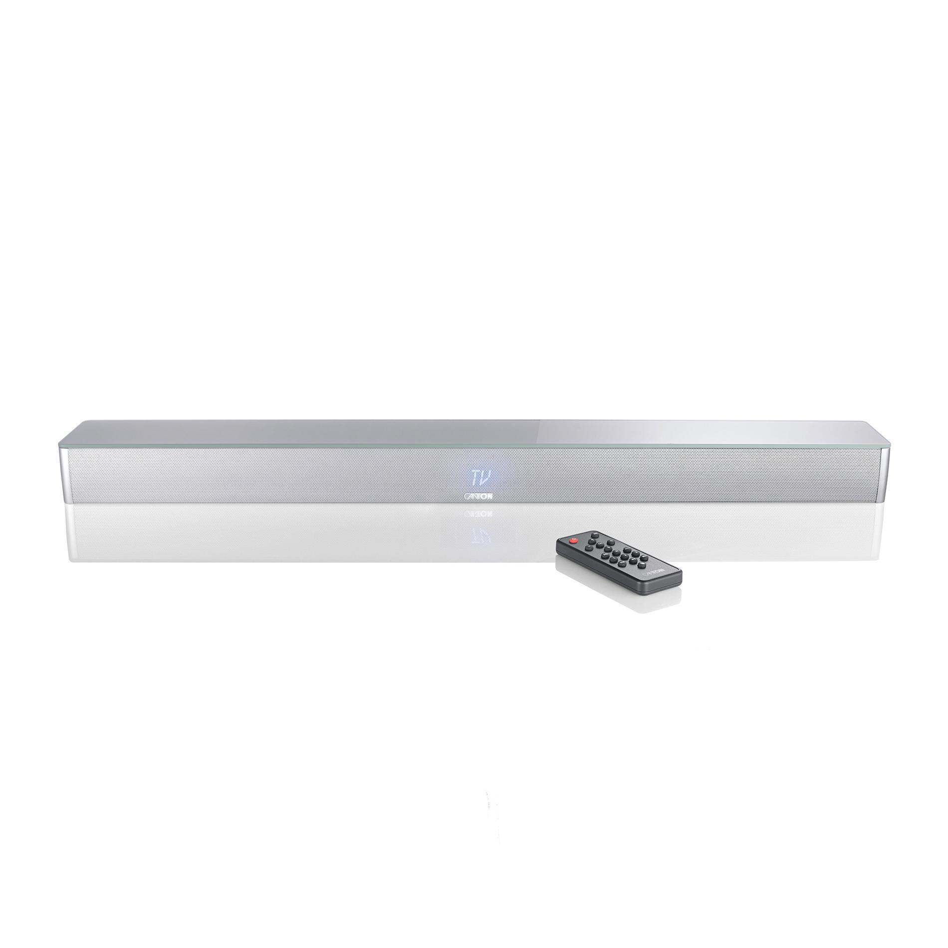 Silberne Soundbar mit dem Wort 'TV' darauf und einer Fernbedienung. Weißer Hintergrund.