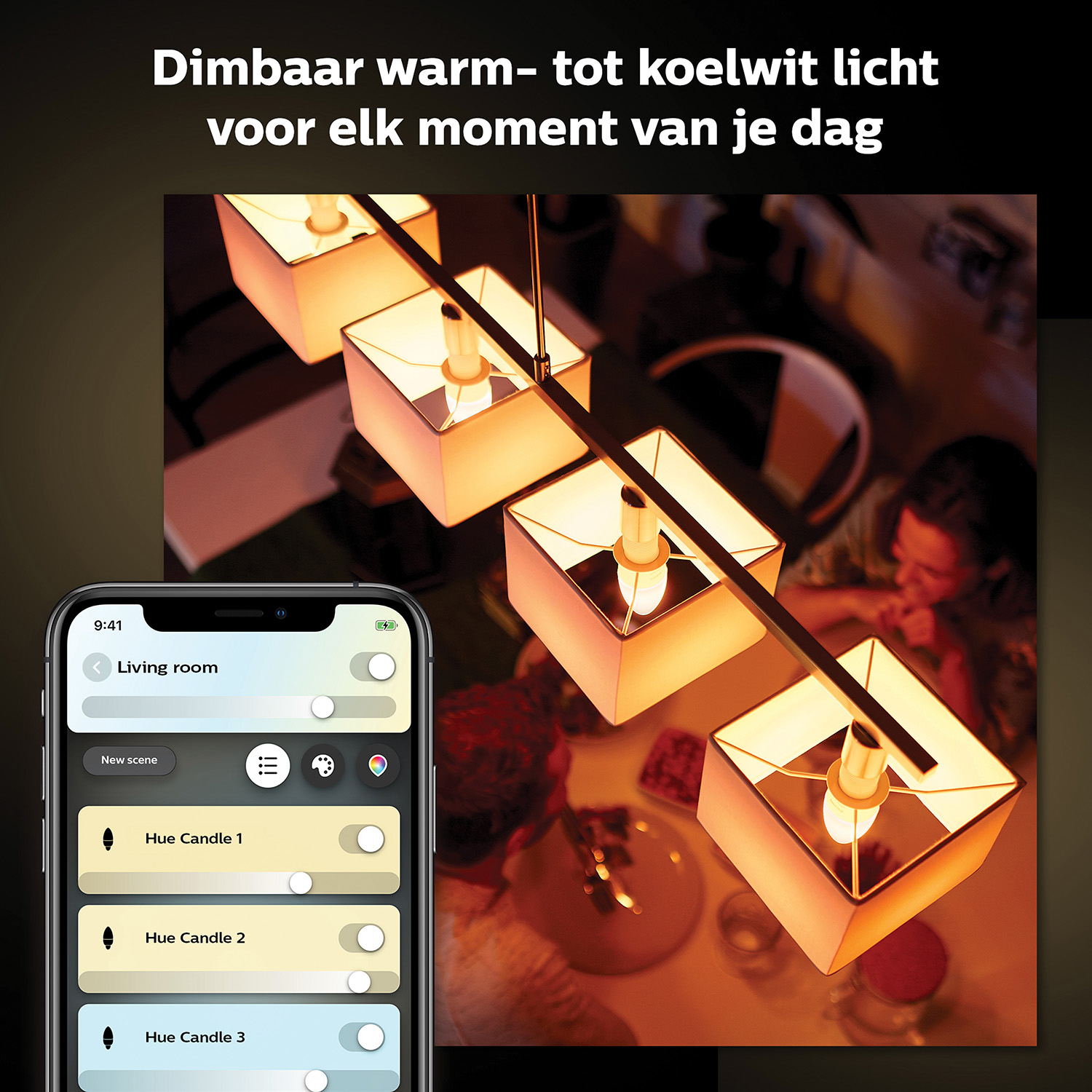 Four hanging lights with a phone displaying app controls.