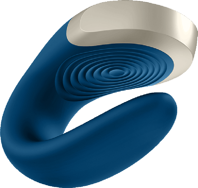 Vibratore blu e beige con design a spirale, su sfondo nero.