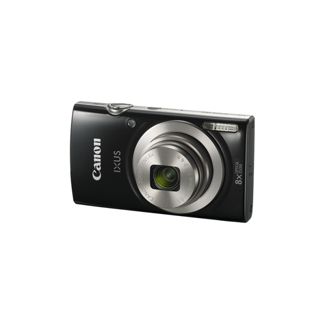 Siyah arka plan üzerinde siyah Canon IXUS kamera. Gümüş lens ve Canon logosu görünür.