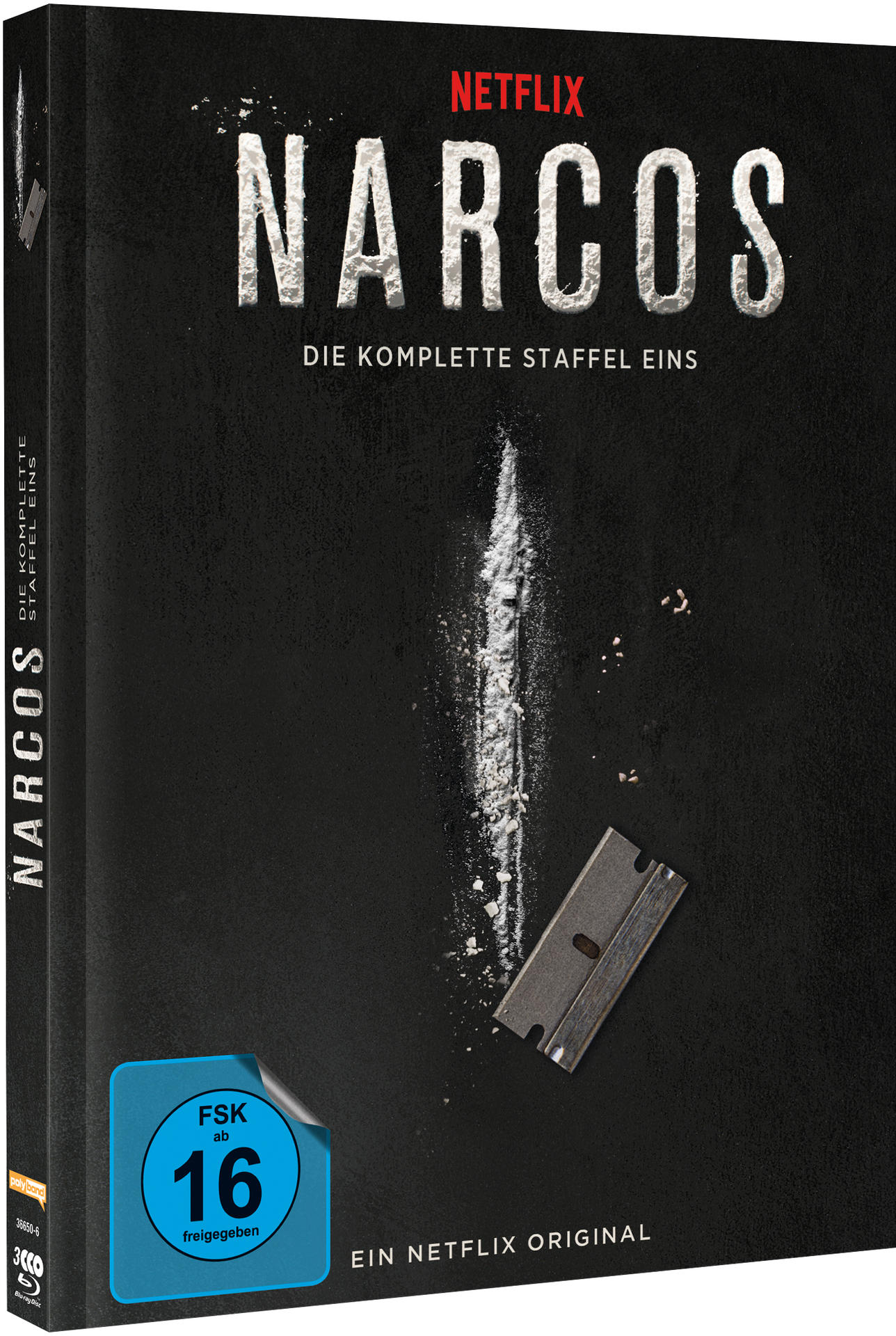 DVD-Hülle für die Netflix-Serie Narcos, mit einer Rasierklingen-Grafik.