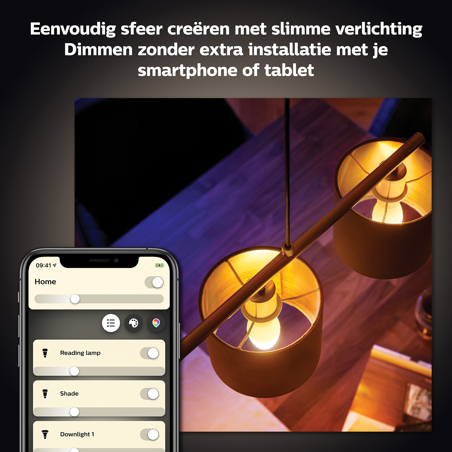 Een smartphone toont een app voor thuisbediening, die lichten boven een houten tafel bestuurt. Twee lampenkappen en een gloeilamp zijn zichtbaar.