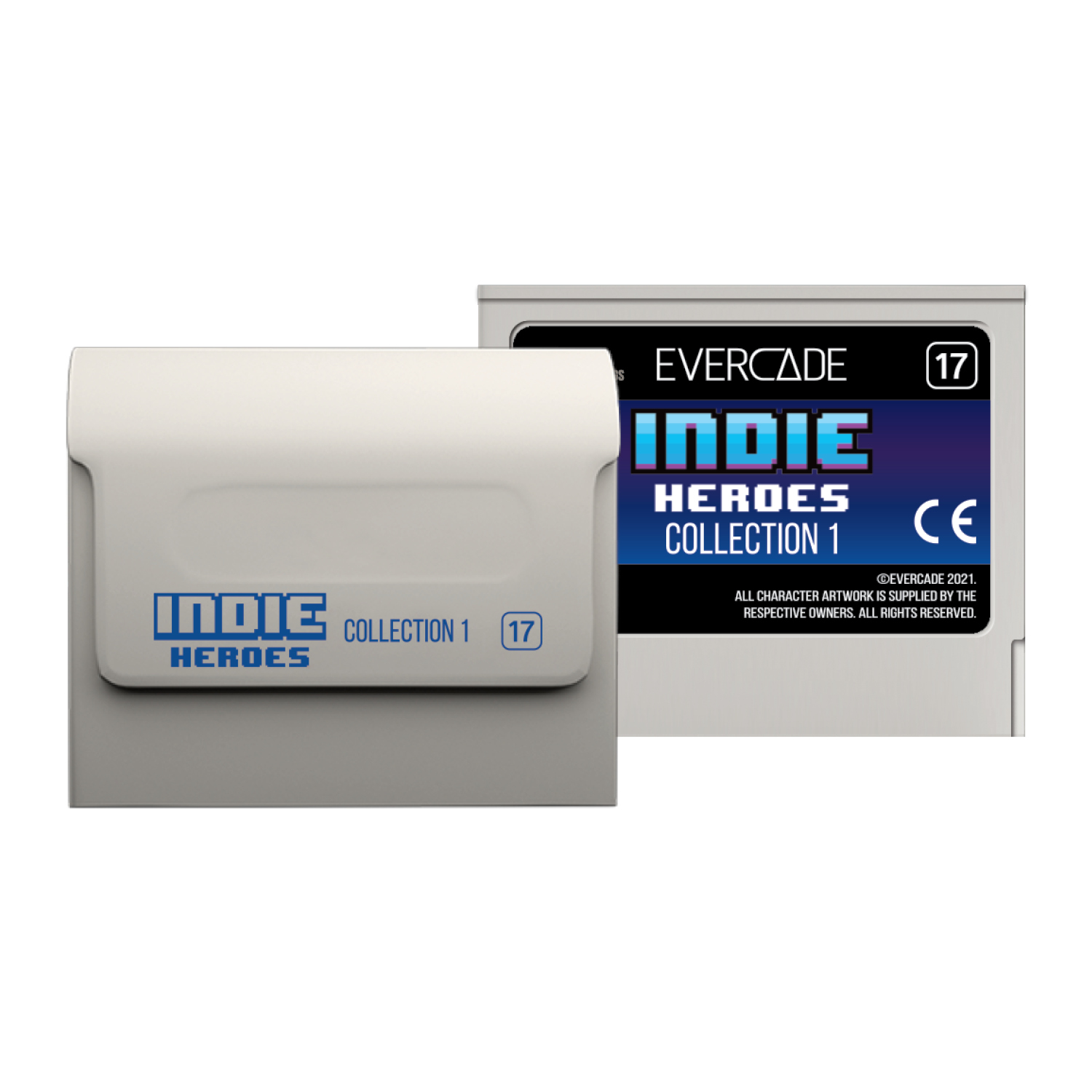 Zwei Spielkassetten. Eine ist geöffnet und zeigt den Text 'Indie Heroes Collection 1'. Die andere zeigt das Evercade-Logo.