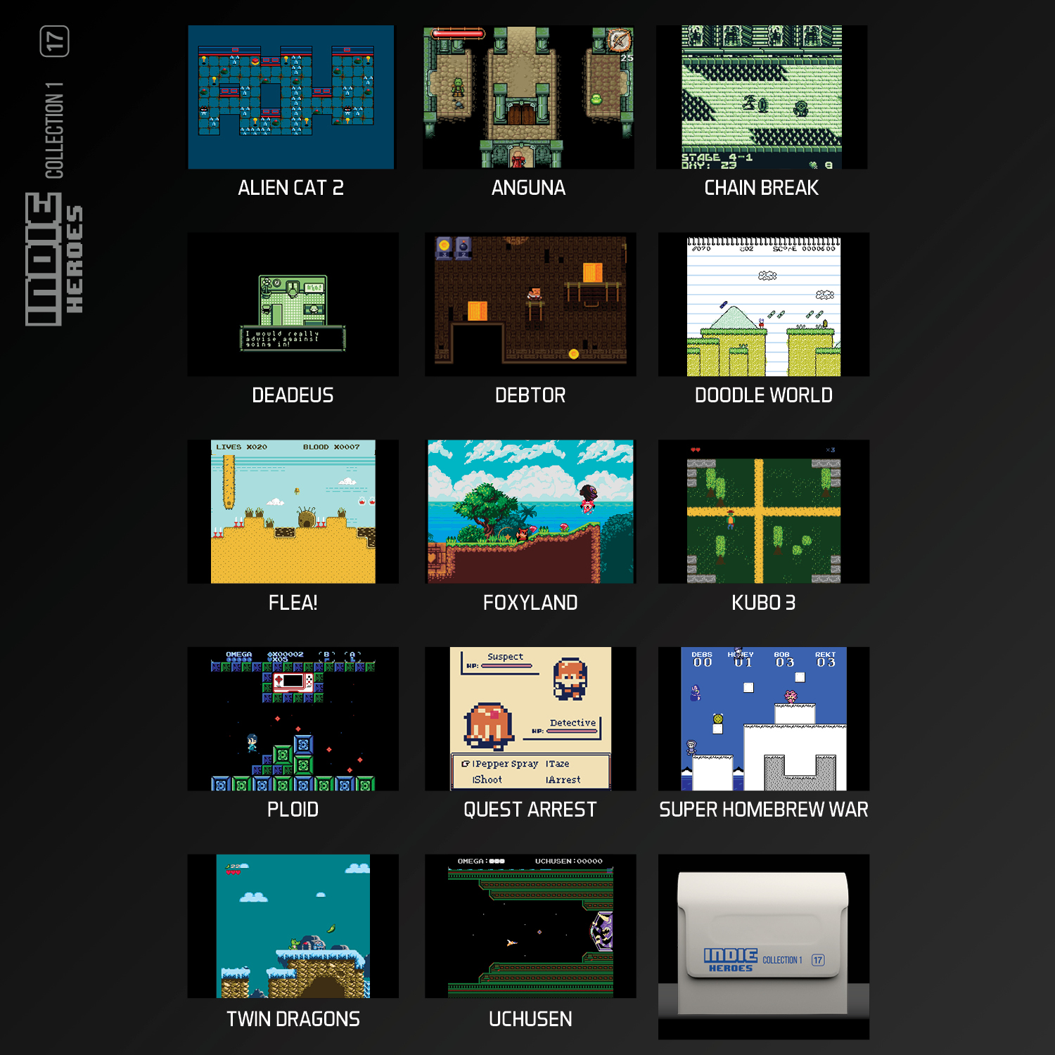Sammlung von Indie-Helden-Spielen. Verschiedene Pixel-Art-Spiel-Screenshots werden angezeigt, jeder mit einem Titel darunter.