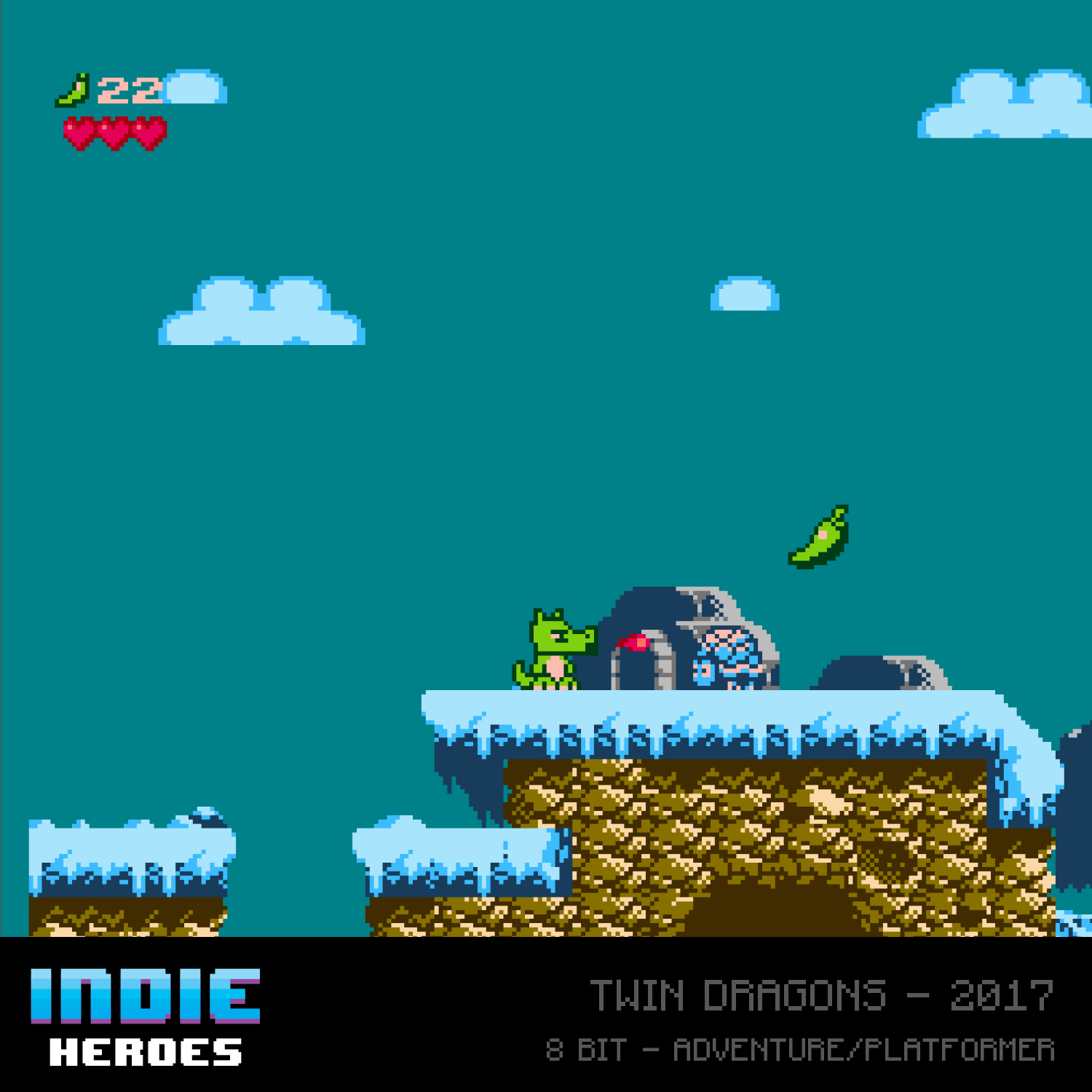Eine pixelige Videospielszene mit einem grünen Drachen auf einer schneebedeckten Plattform. Eine grüne Chili schwebt. Der Hintergrund ist türkis, mit Wolken.
