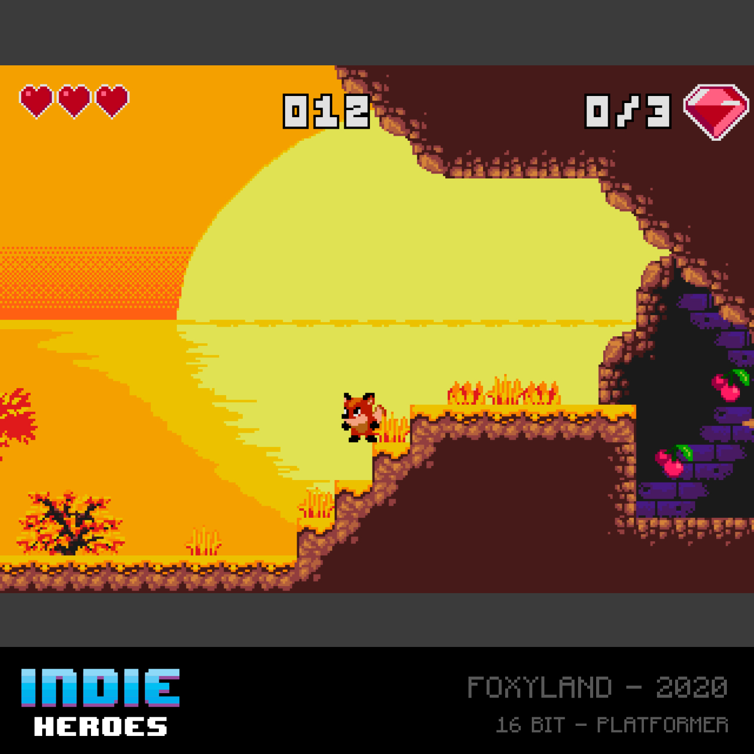 Pixeliges Spielszene: ein Fuchs-Charakter auf einer Plattform. Sonnenuntergang Hintergrund mit Herzen, Punktzahl und einem Edelstein. 'Indie Heroes' Logo.