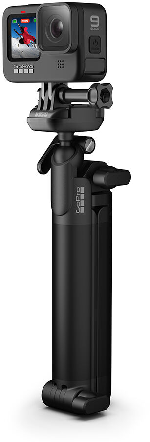 Schwarze GoPro-Kamera mit Griff. Die Kamera zeigt einen Skifahrer auf dem Bildschirm.