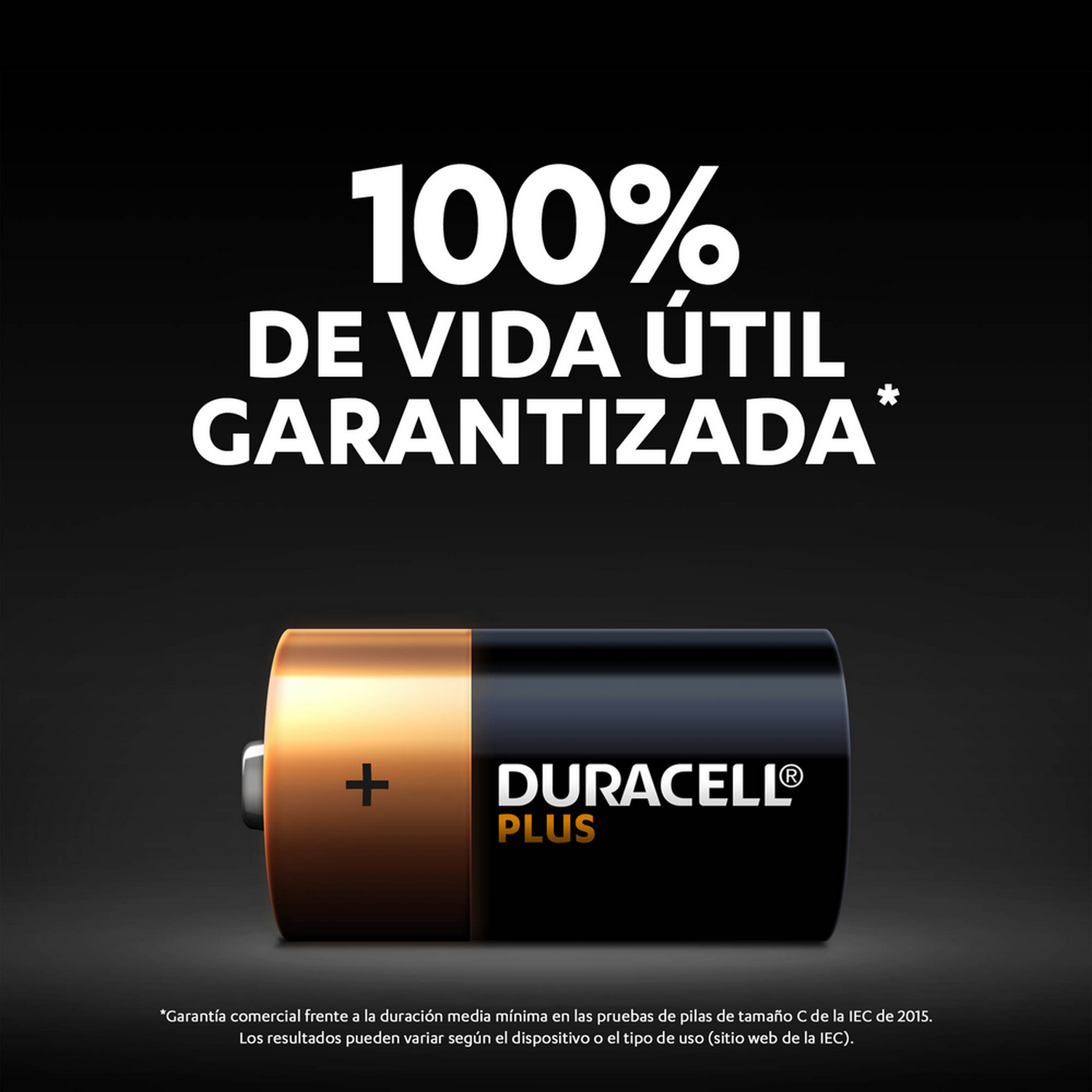 Pila Duracell con texto, signo más y garantía. Combinación de colores negro y dorado.