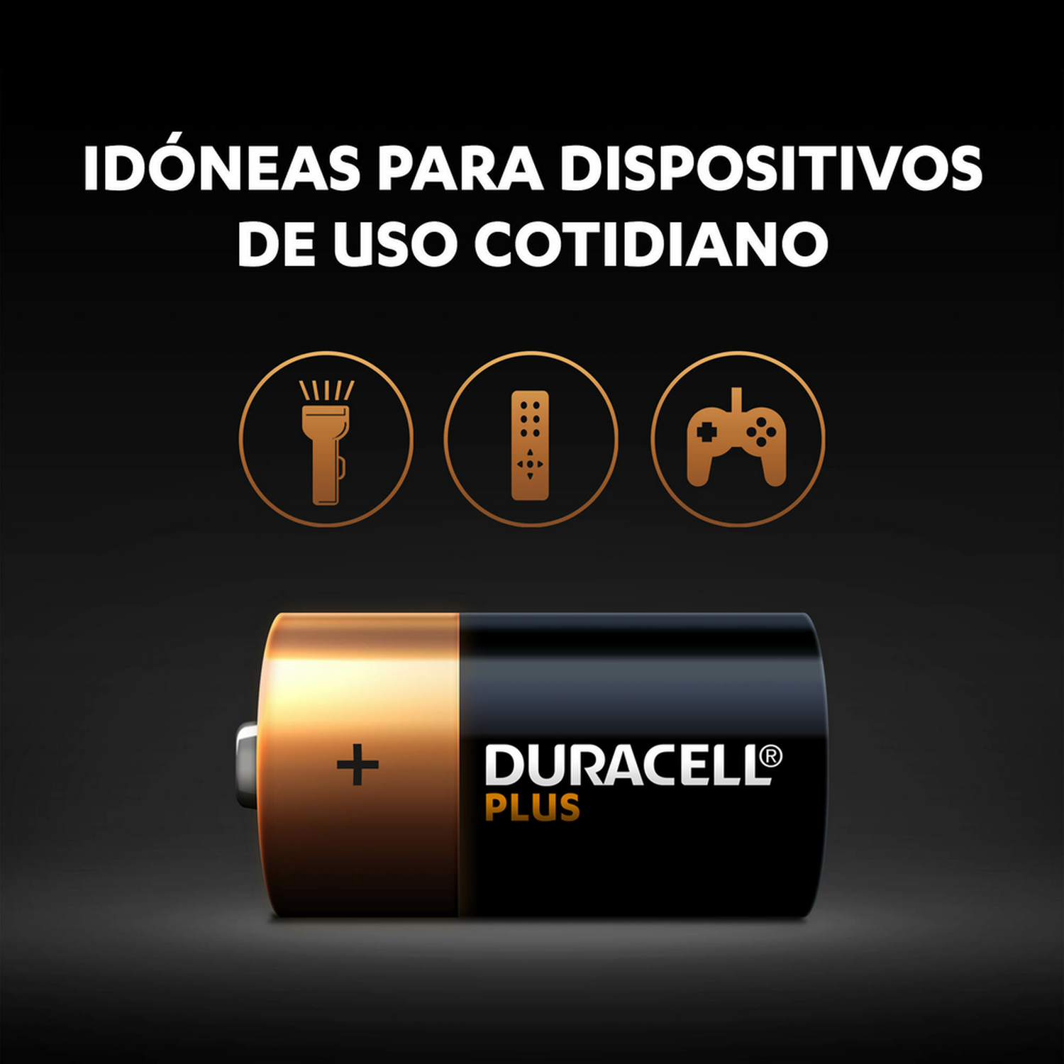 Pila Duracell Plus con iconos de linterna, mando a distancia y mando de juegos sobre fondo negro.