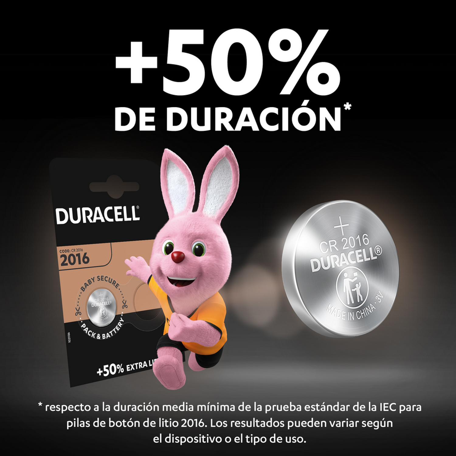 Anuncio de batería Duracell con un conejito rosa y un paquete de baterías. El texto dice +50% DE DURACIÓN.