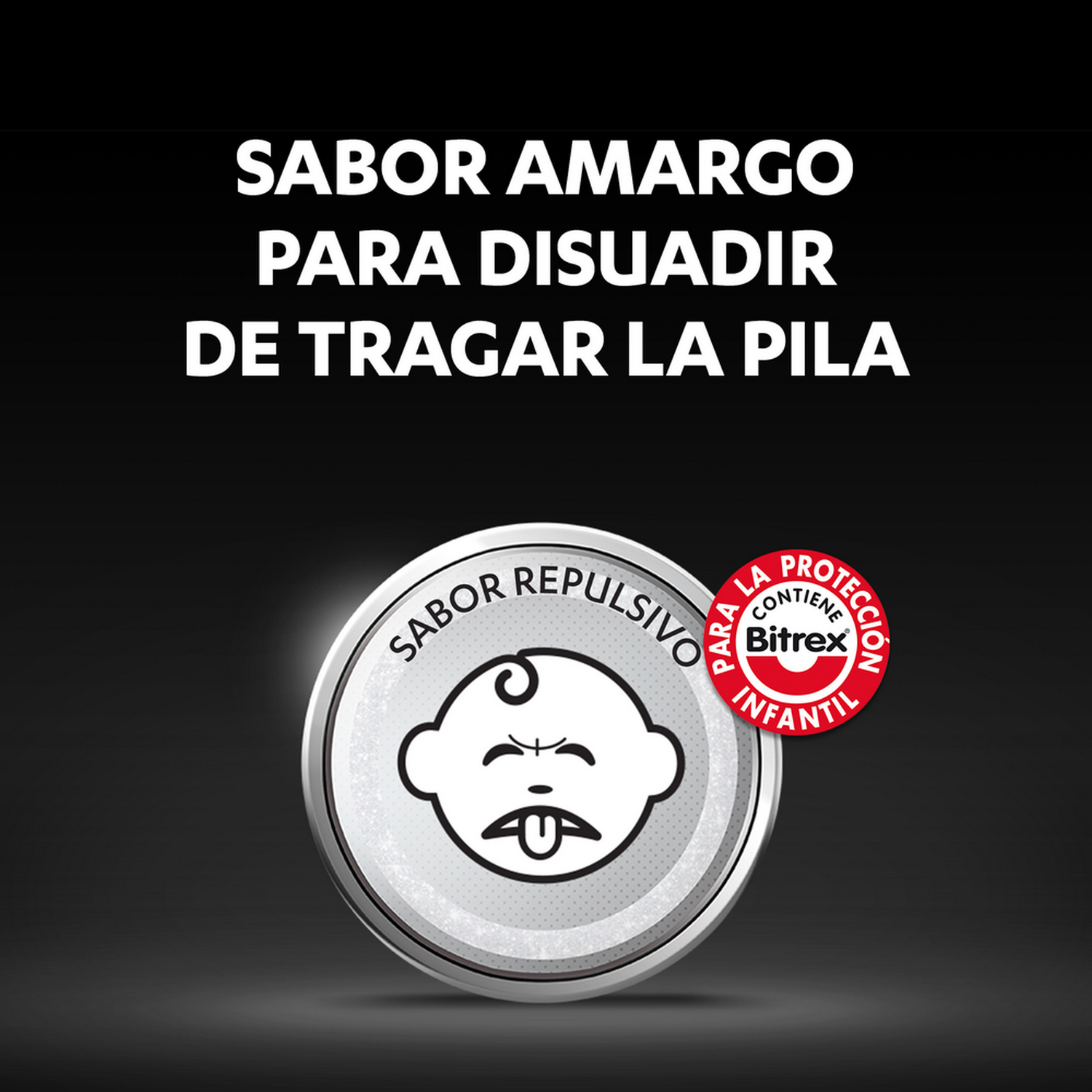 Imagen muestra una cara de bebé con la lengua afuera y texto sobre sabor amargo para evitar tragar pilas.