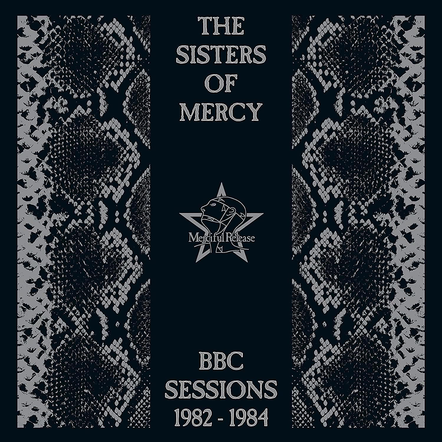 A The Sisters Of Mercy 'BBC Sessions 1982-1984' albumának borítója. Kígyóbőr minta, sötétkék középrész, fehér szöveg, csillag.