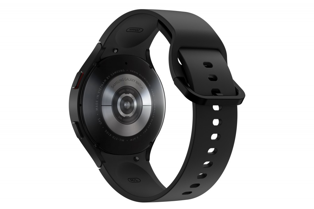 Egy fekete Samsung Galaxy Watch, hátulnézetben, a szíjával és érzékelőivel.