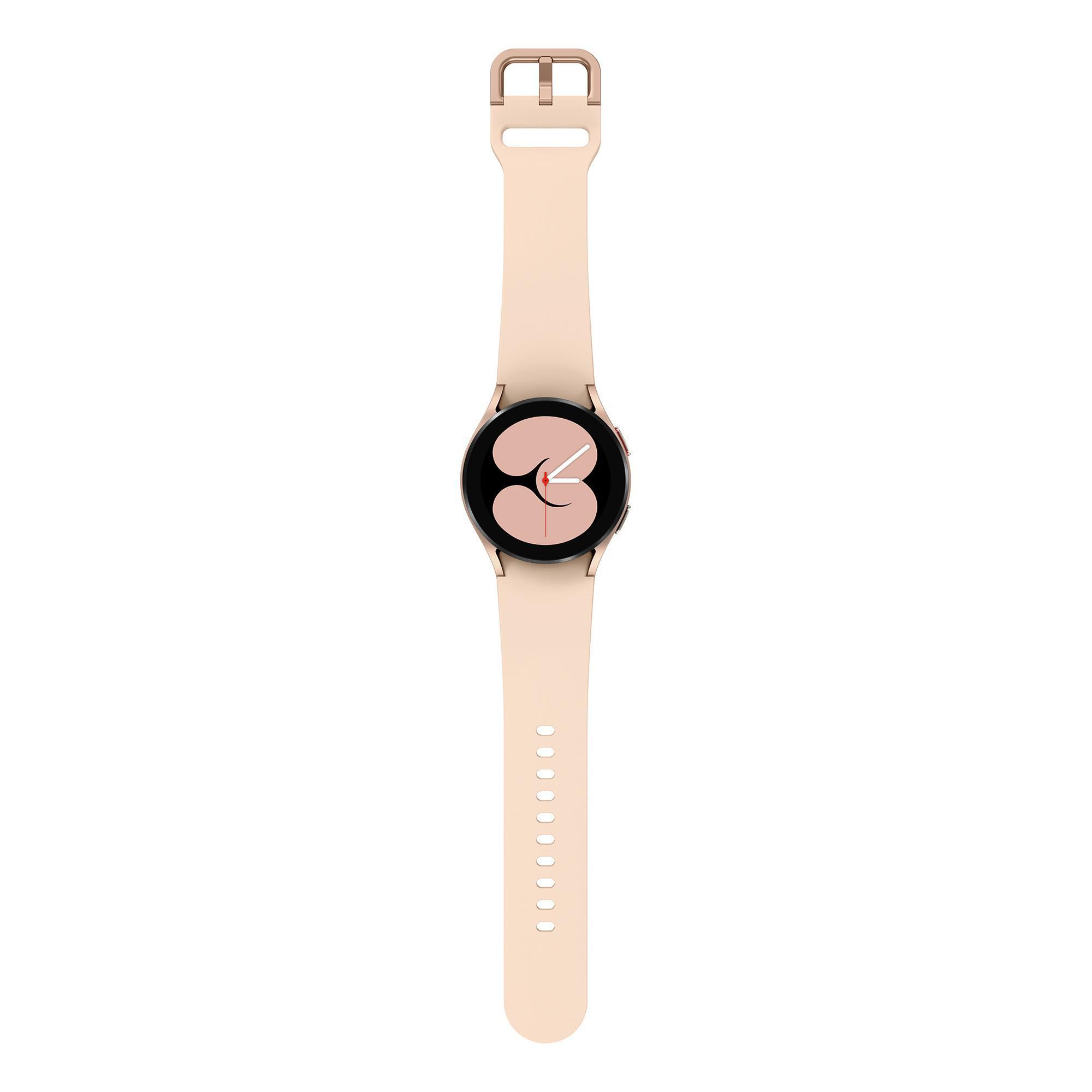 Beige Smartwatch mit rundem Zifferblatt und rosa Display.