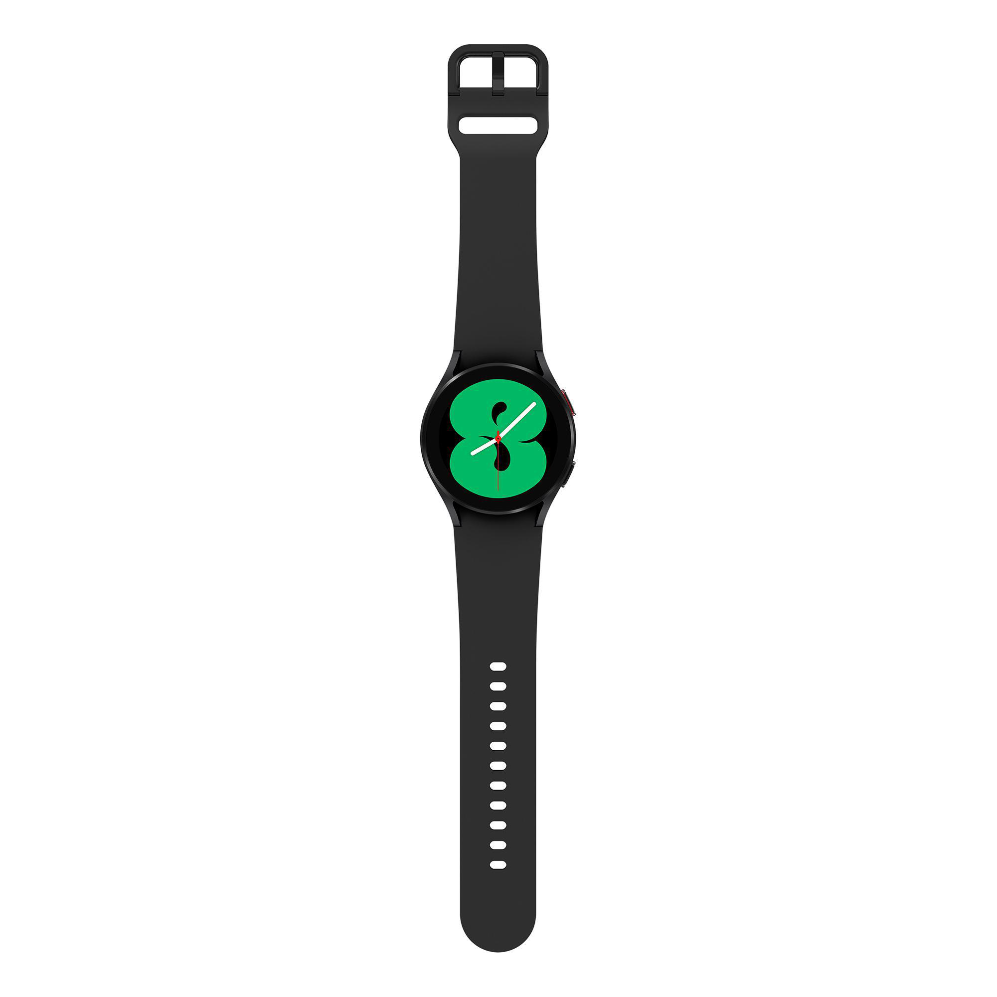Eine schwarze Smartwatch mit grünem Bildschirm. Sie hat ein schwarzes Armband und ist vor weißem Hintergrund.