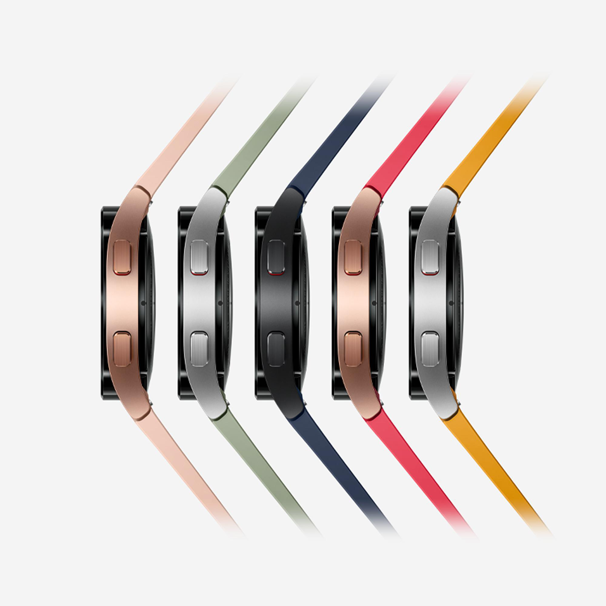 Nahaufnahme von fünf Smartwatches mit unterschiedlich farbigen Bändern.