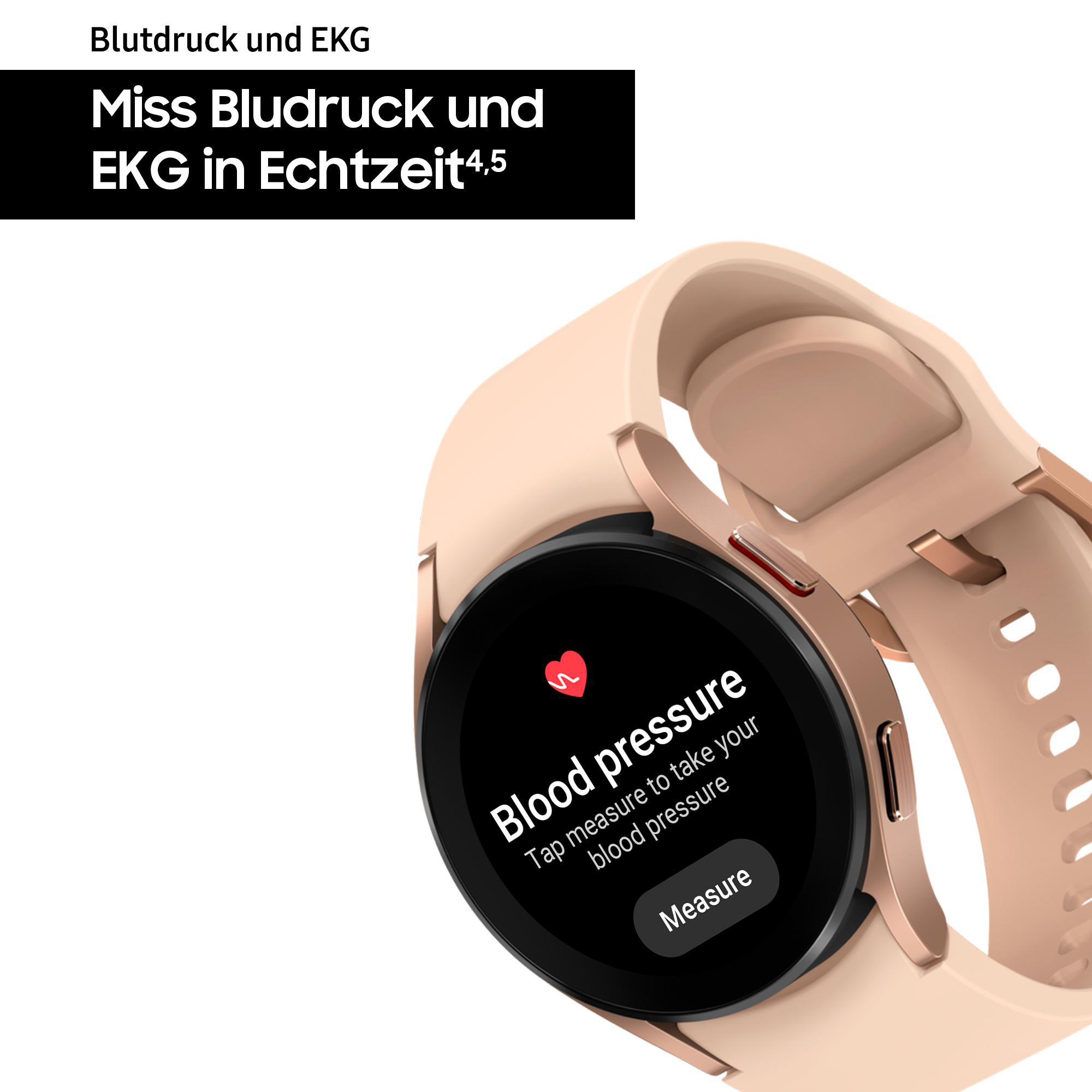 Eine Smartwatch am Handgelenk zeigt Blutdruck an und hat ein Herzsymbol mit einer Messtaste.