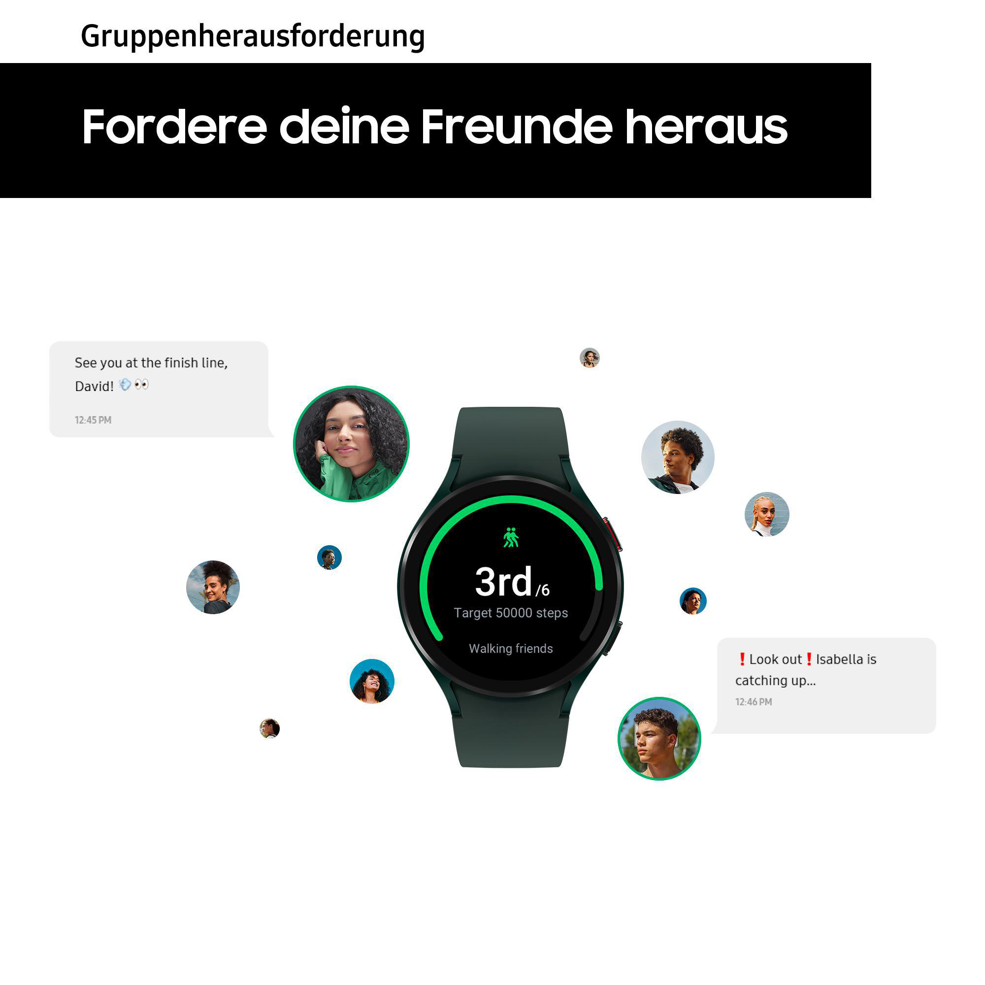 Eine Gruppe von Menschen interagiert mit einer Smartwatch mit Textblasen.