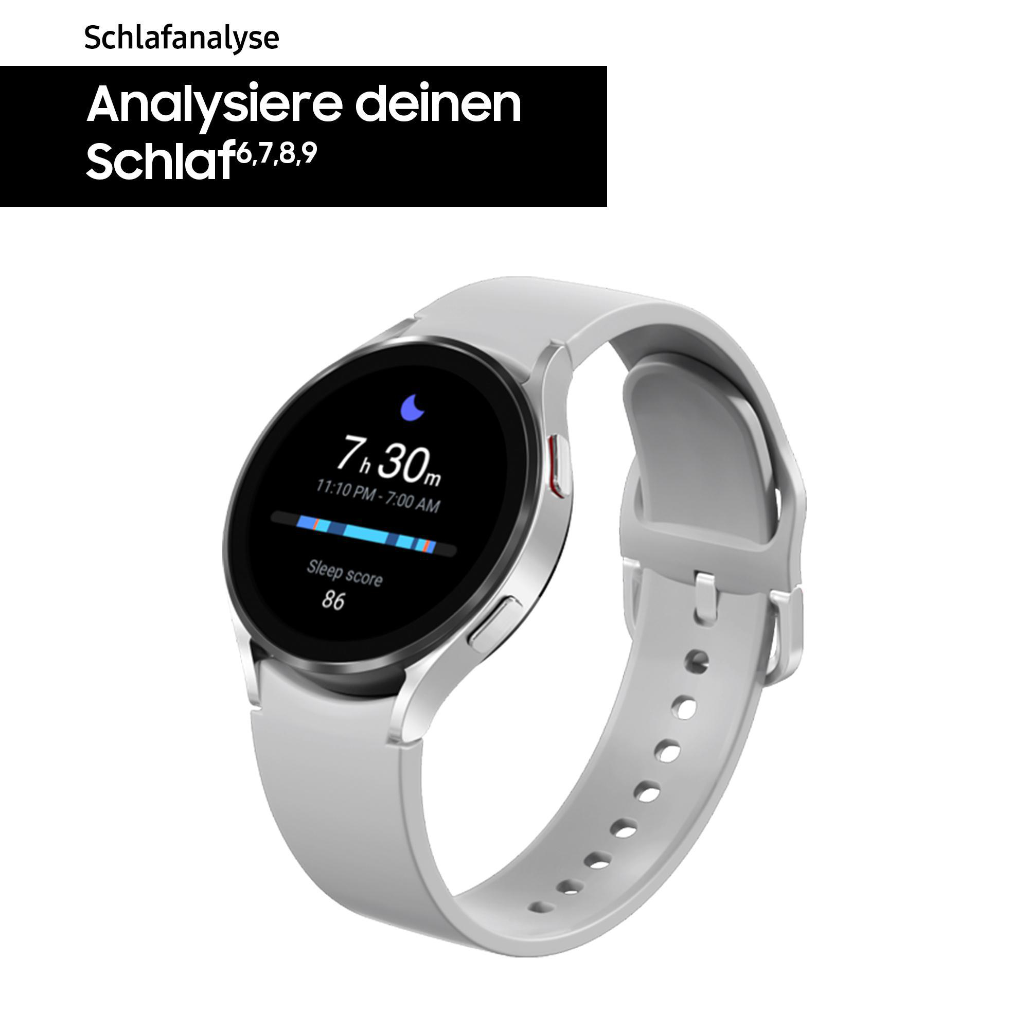 Eine silberne Smartwatch, die eine Zeit von 7:30 Uhr und einen Schlafwert von 86 anzeigt.