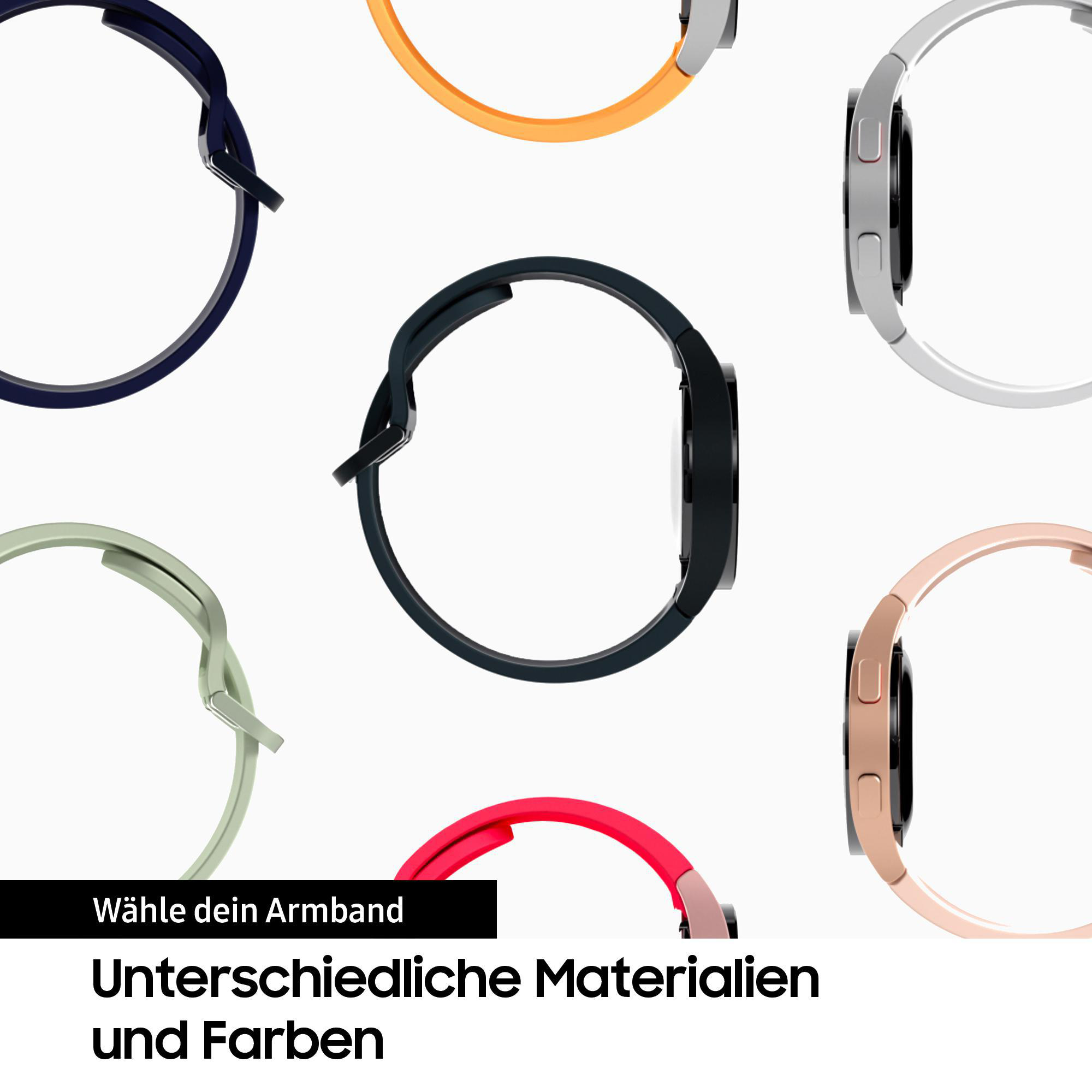 Bunte Smartwatch-Armbänder in verschiedenen Farben. Der Text unten lautet: „Wähle dein Armband“.