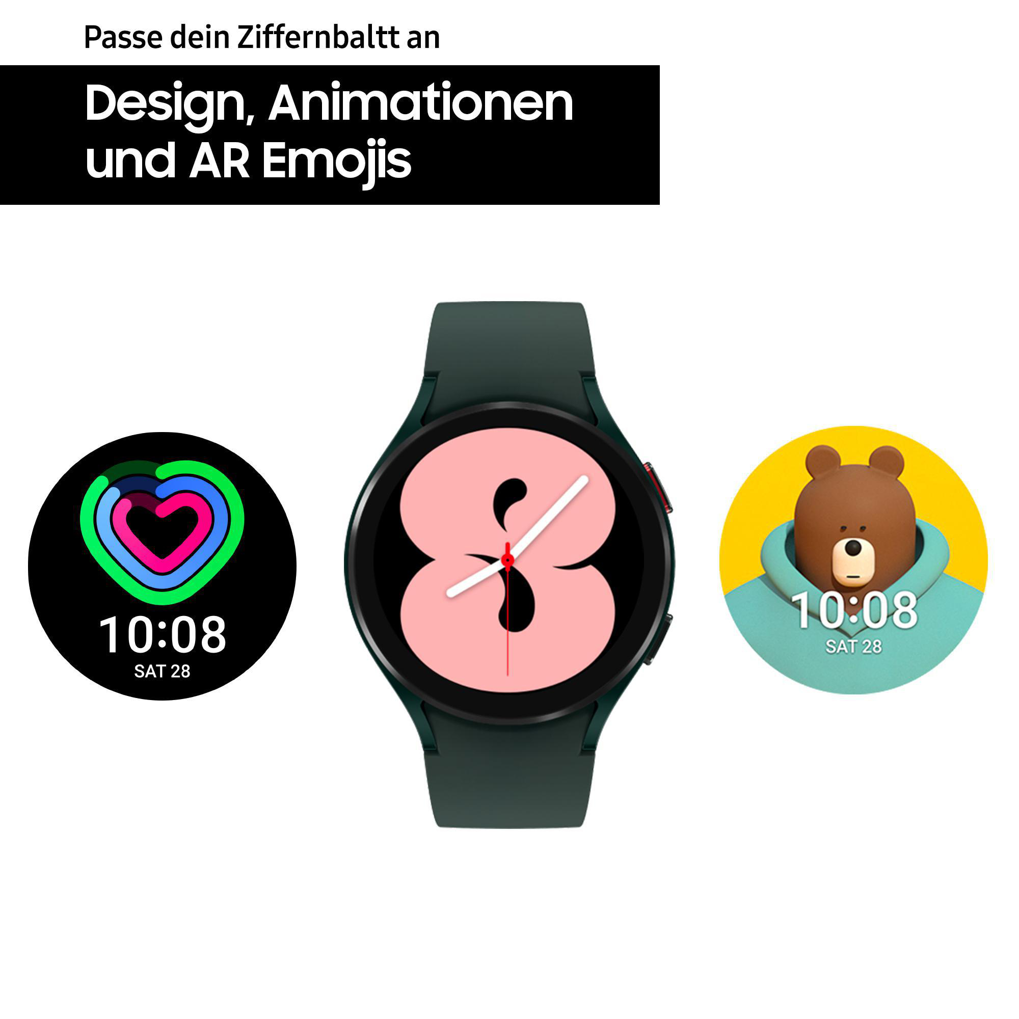 Smartwatch mit drei verschiedenen Zifferblättern, darunter ein Bär und ein Herz.