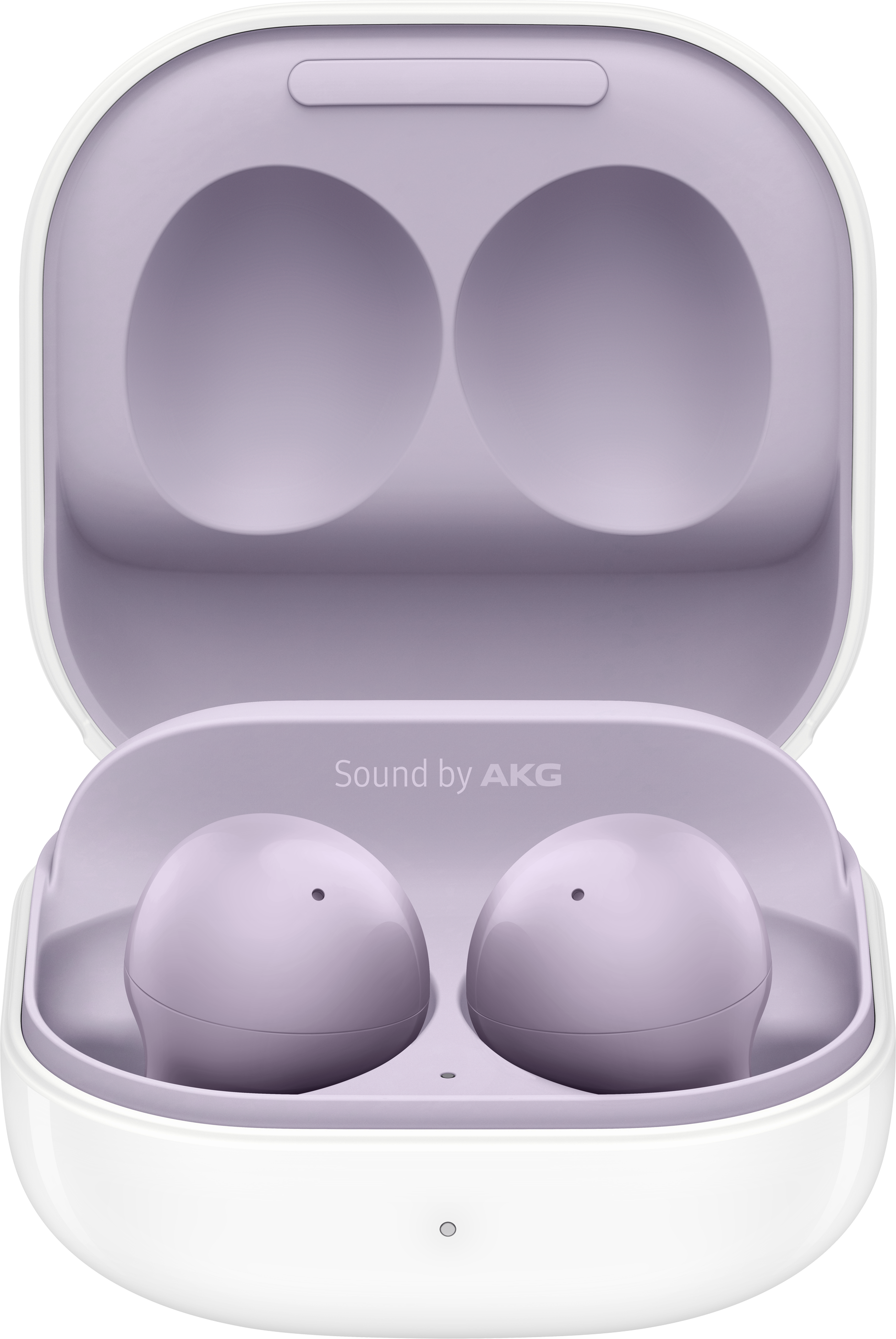 Lila fülhallgatók fehér töltőtokban. Márka: Sound by AKG.