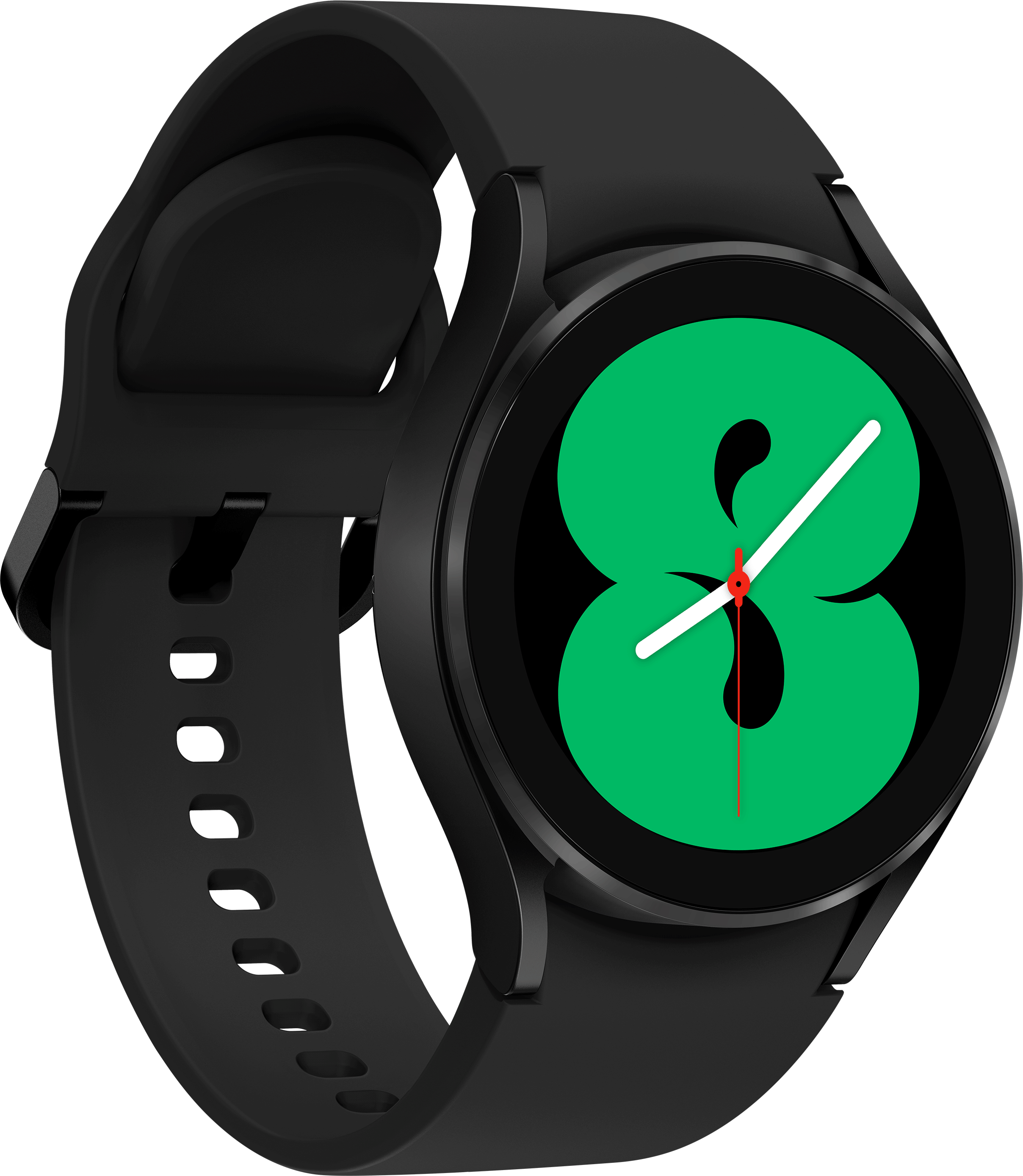 Fekete Samsung Galaxy Watch zöld-fekete digitális kijelzővel, ami egy 8-ast mutat.