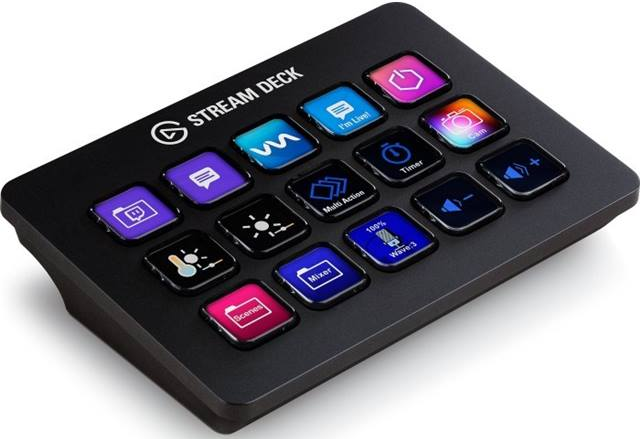 Stream Deck nero con più pulsanti illuminati. Dispone di vari controlli di streaming.