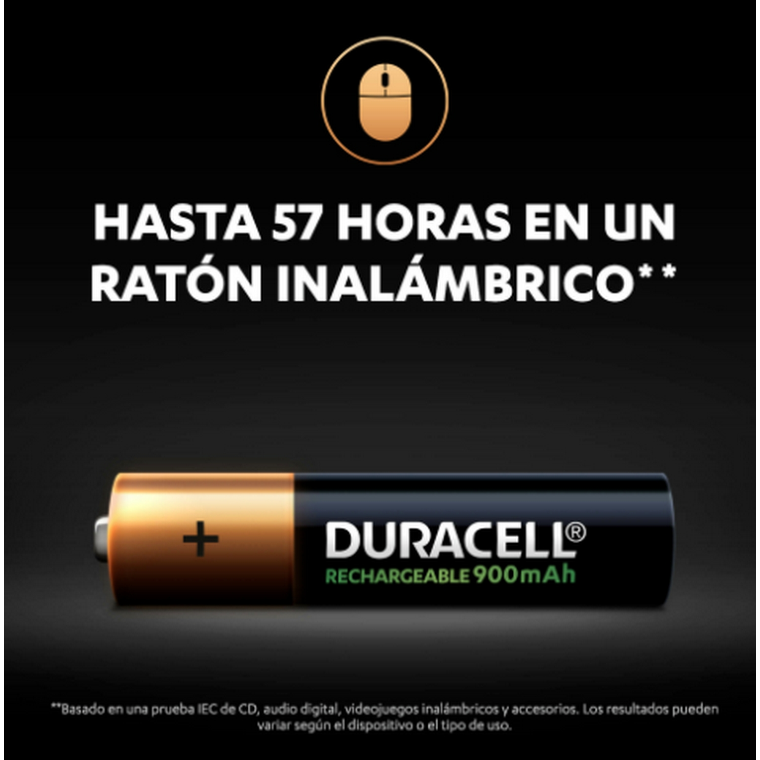 Pila recargable Duracell AA con texto: Hasta 57 horas en un ratón inalámbrico.