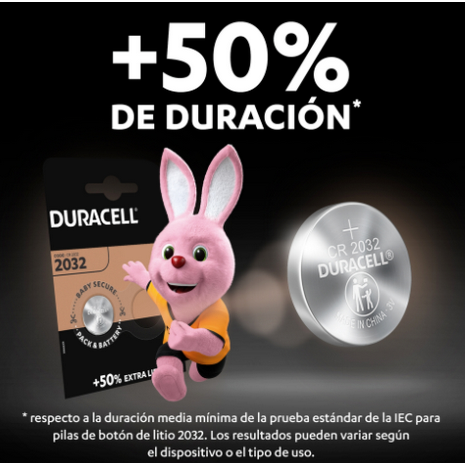 Paquete de baterías Duracell con un conejito rosa, una batería y texto: +50% DE DURACIÓN.