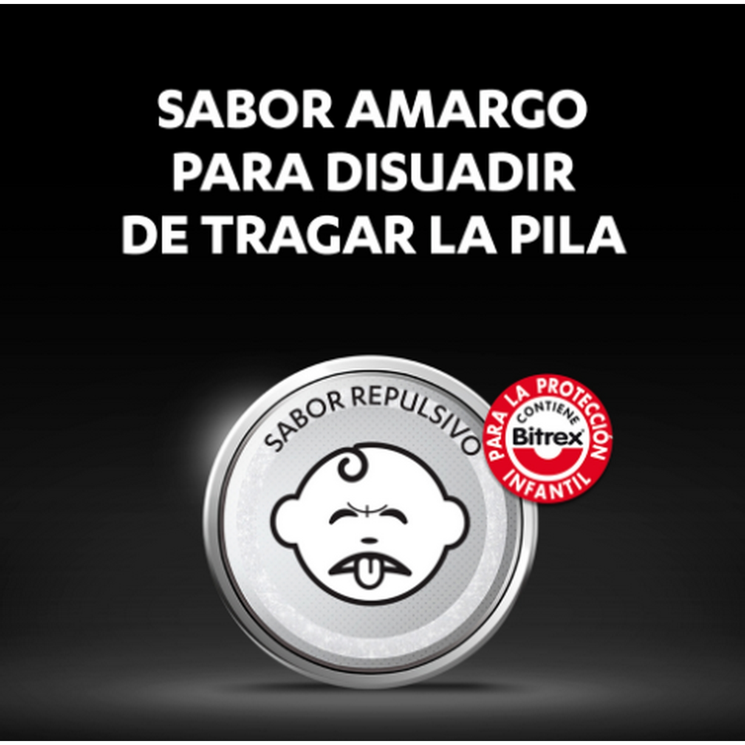 Etiqueta de advertencia con texto sobre la prevención de la ingestión de pilas por niños.