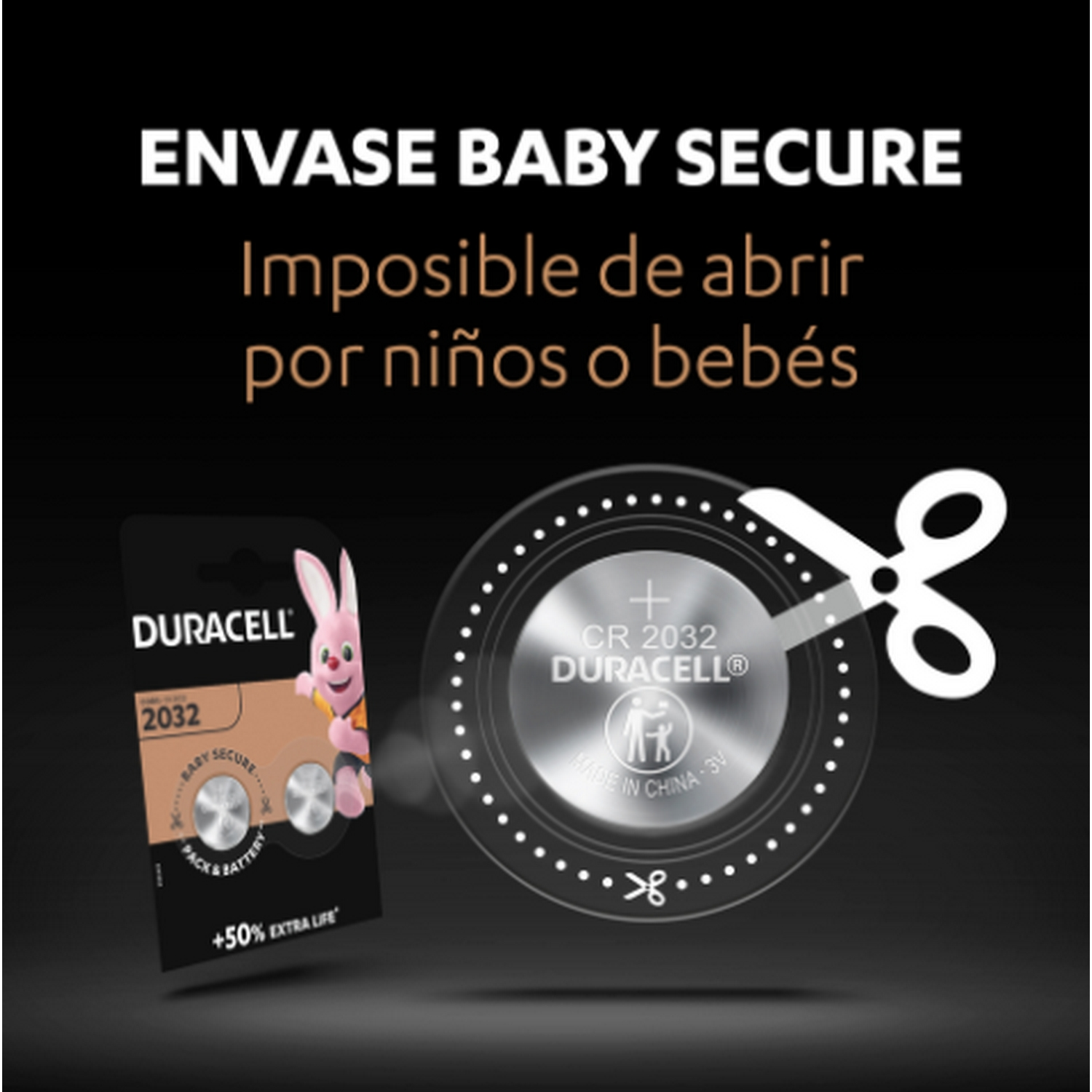 Pilas Duracell en un paquete sellado. Se muestran tijeras y una pila.