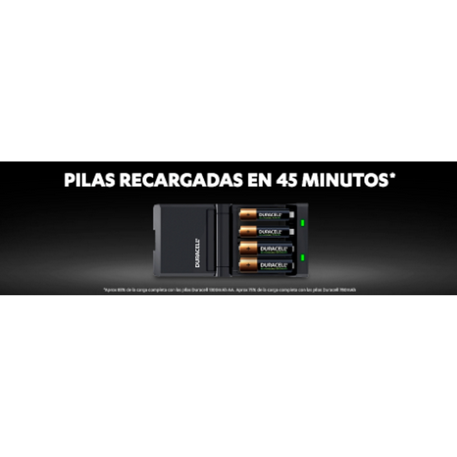 Un cargador con pilas. Texto: PILES RECARGADAS EN 45 MINUTOS (Recargadas en 45 minutos).