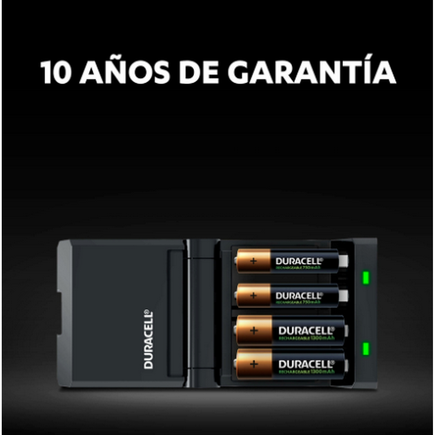 Cargador de baterías Duracell negro con 4 pilas AA Duracell. Texto arriba: '10 AÑOS DE GARANTÍA'.