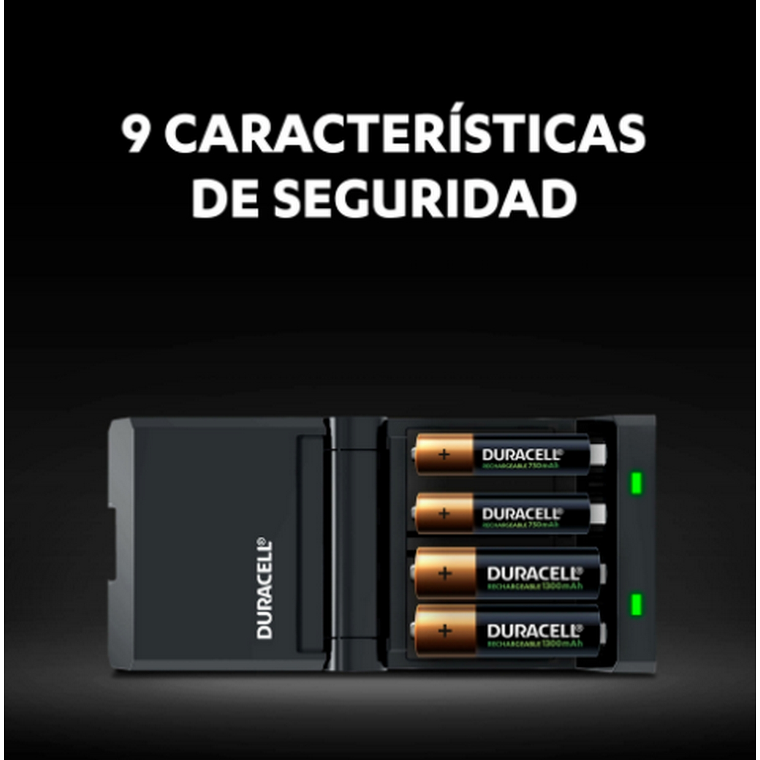 Cargador de baterías Duracell con cuatro baterías recargables Duracell, con los signos más visibles.