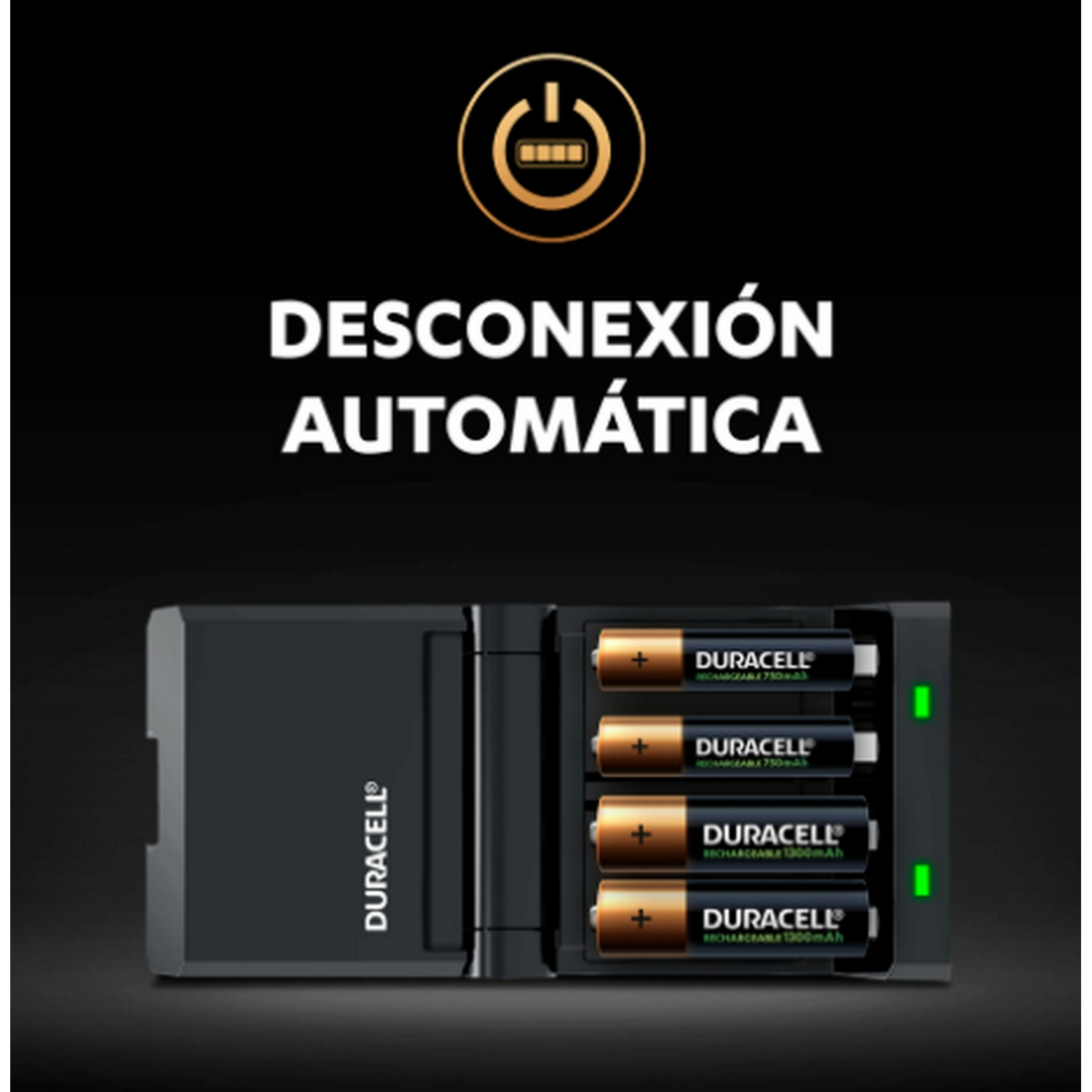 Cargador de baterías Duracell con cuatro baterías Duracell y texto 'Desconexión automática'.