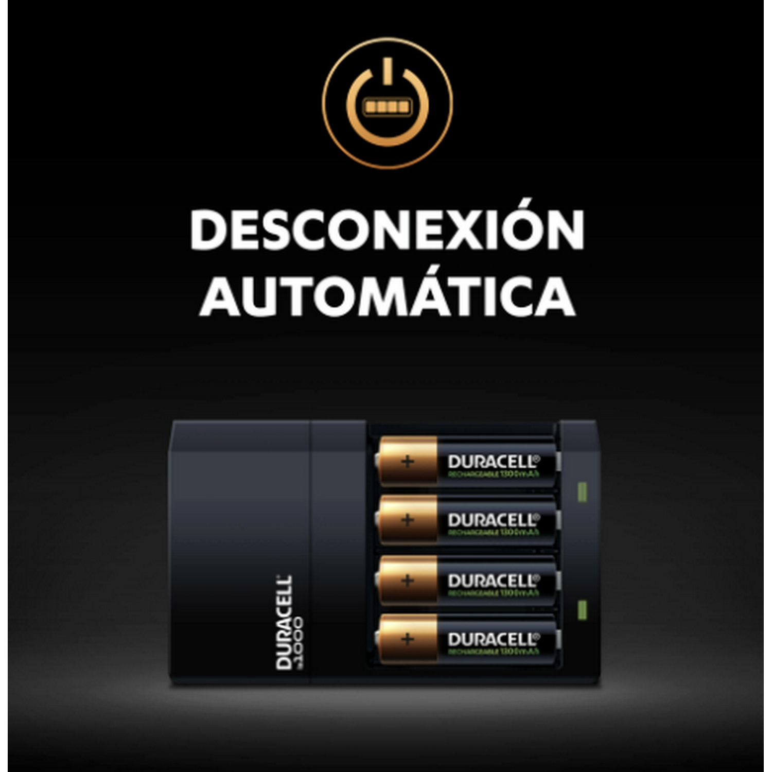 Un cargador de baterías Duracell negro con baterías y un símbolo de energía.